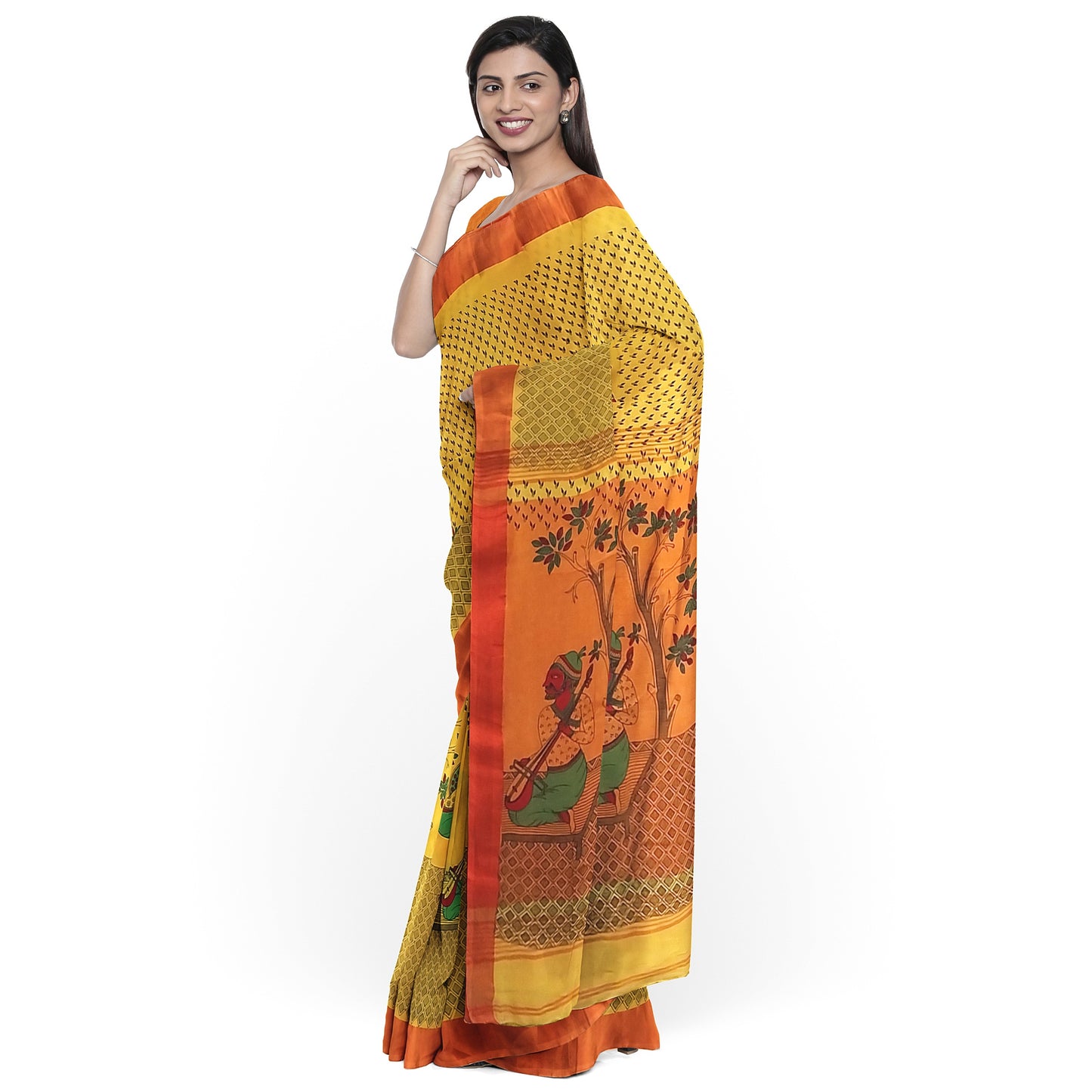Hand Printed Yellow Orange Green Cotton Saree