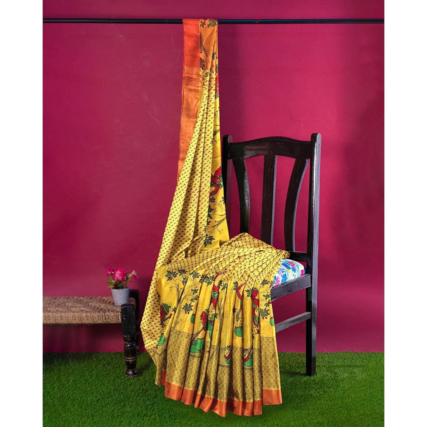 Hand Printed Yellow Orange Green Cotton Saree