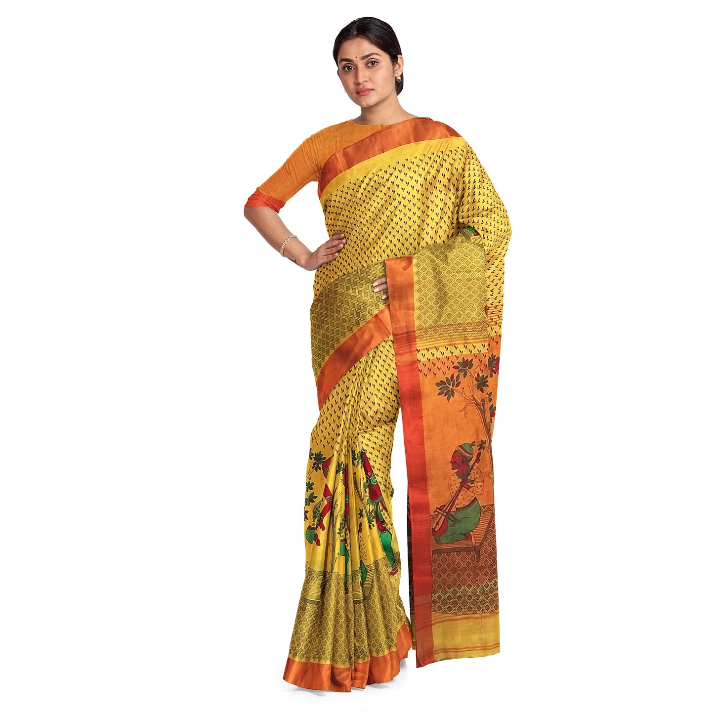 Hand Printed Yellow Orange Green Cotton Saree