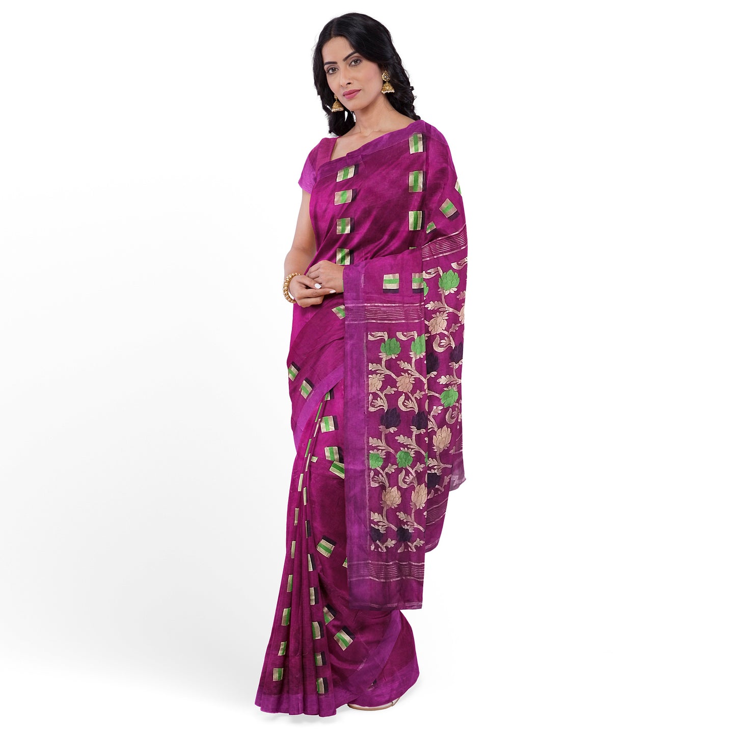 Elegant Rani-Colored Cotton Silk with Pom Pom Border