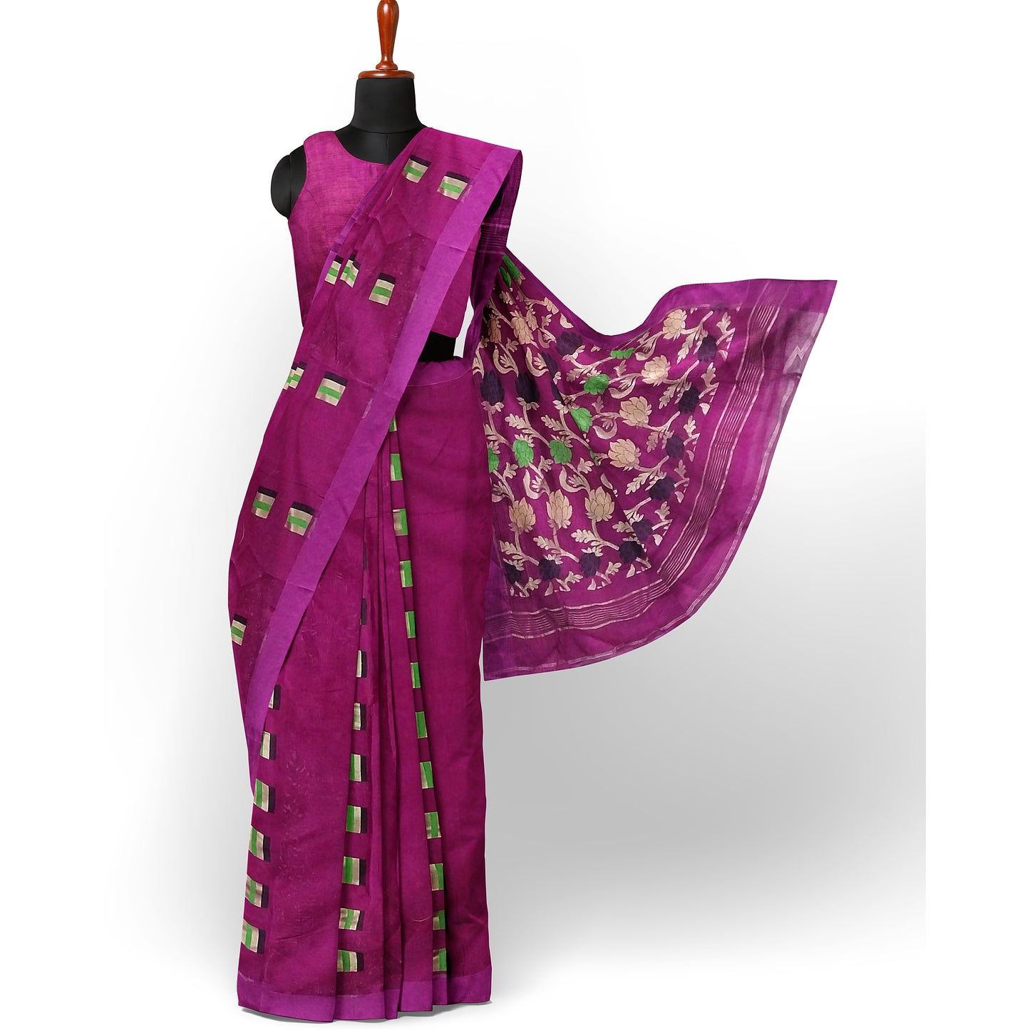 Elegant Rani-Colored Cotton Silk with Pom Pom Border