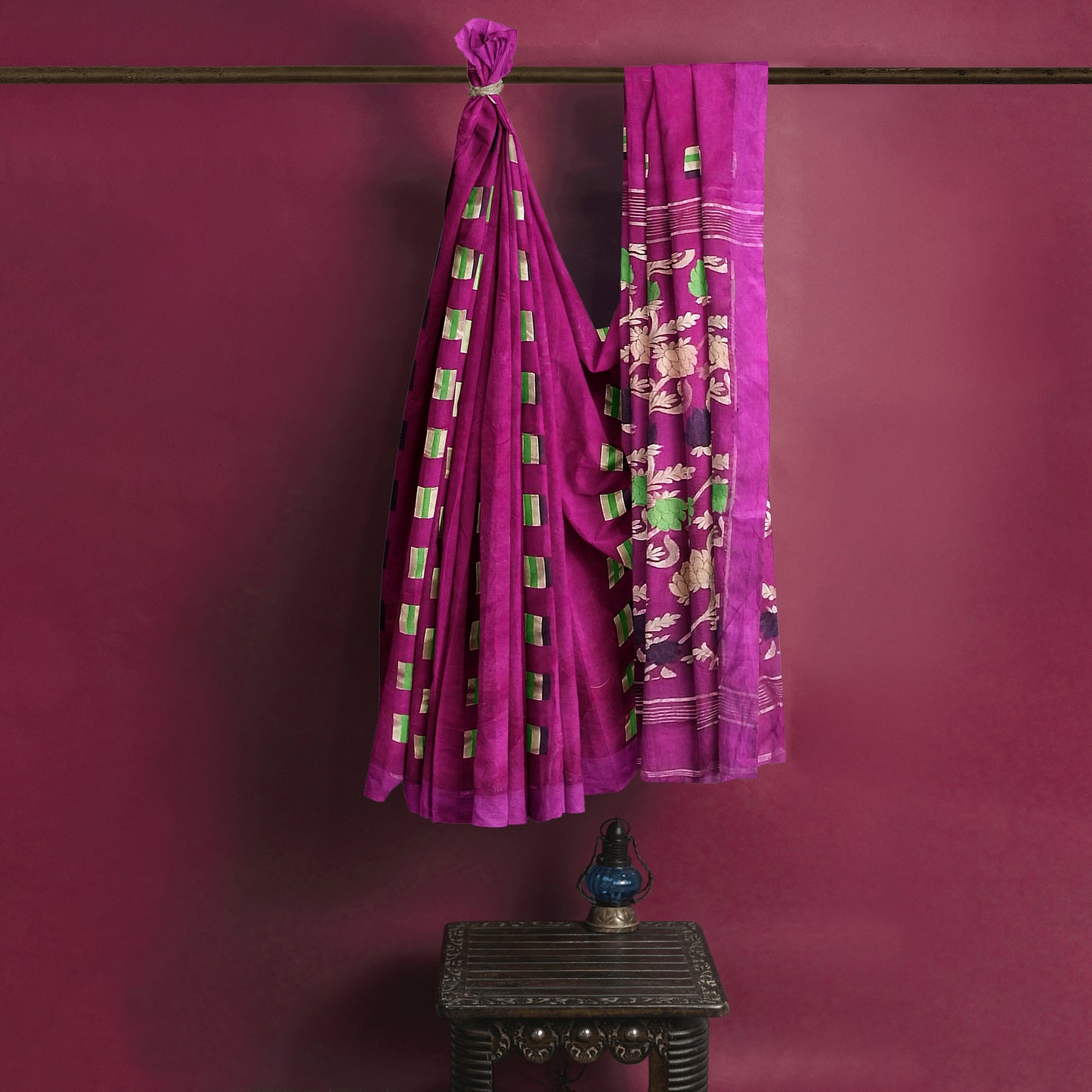 Elegant Rani-Colored Cotton Silk with Pom Pom Border