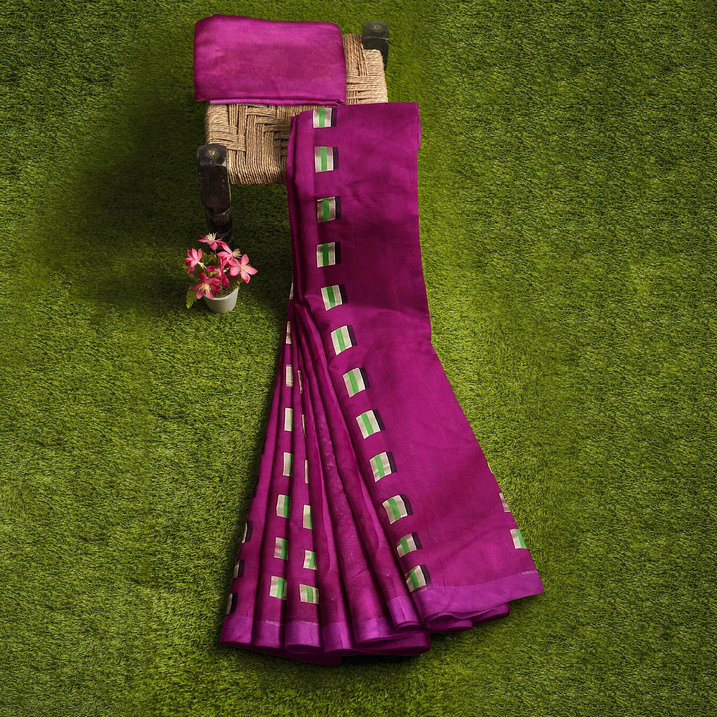 Elegant Rani-Colored Cotton Silk with Pom Pom Border