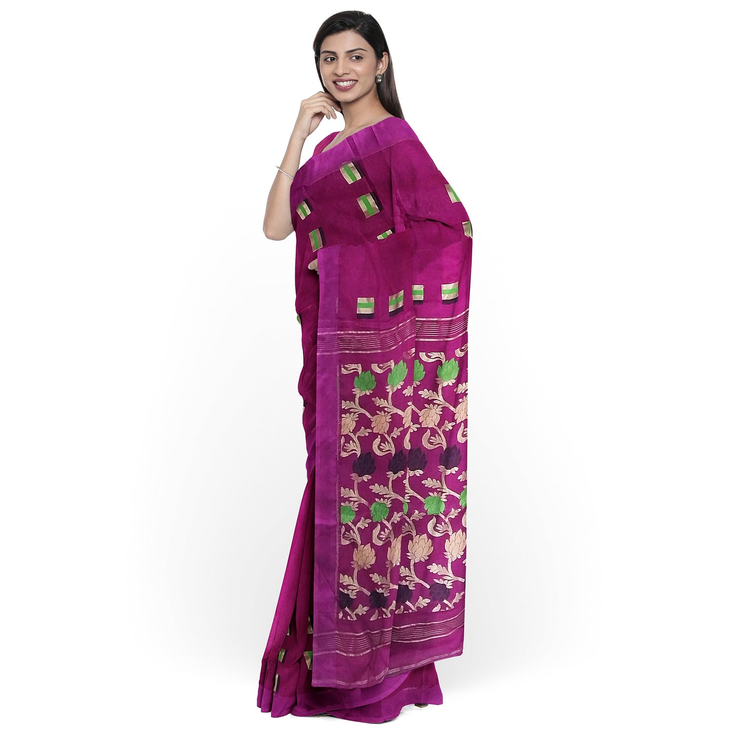 Elegant Rani-Colored Cotton Silk with Pom Pom Border