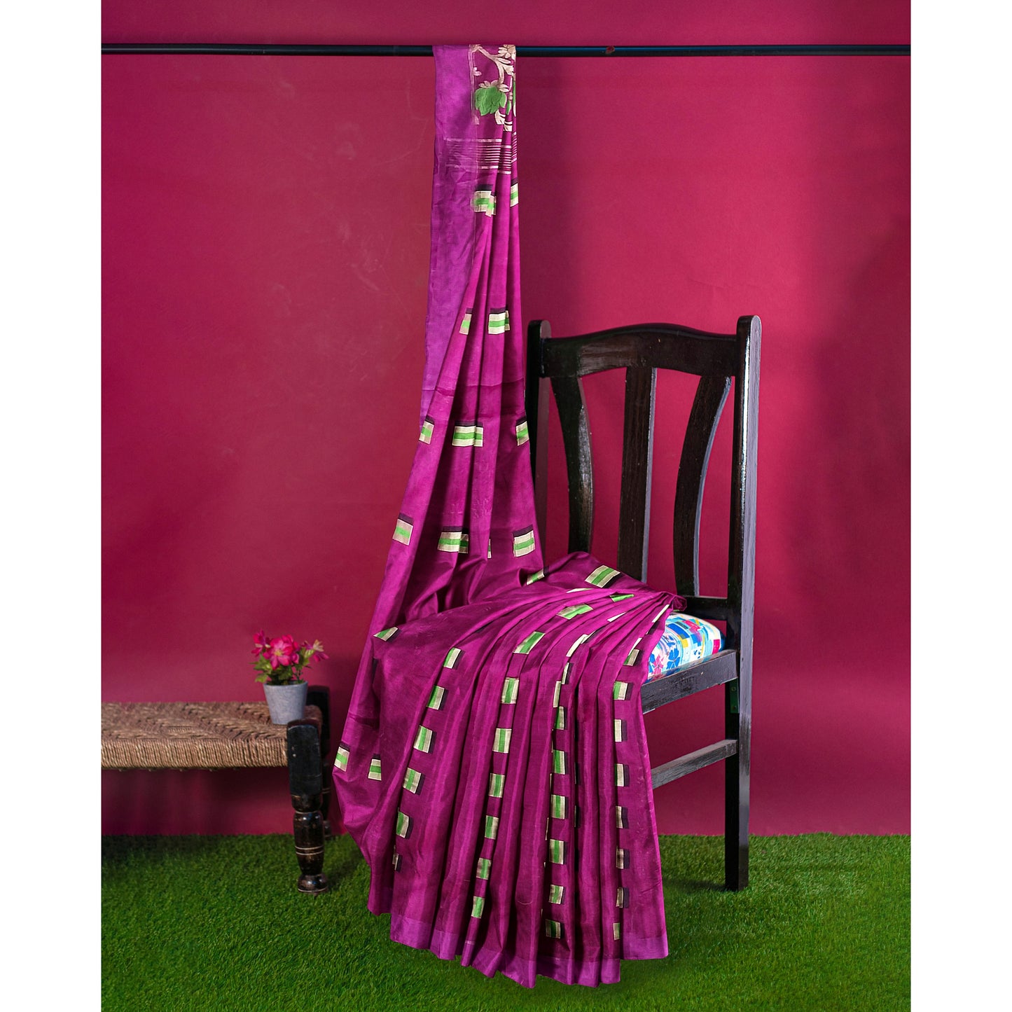 Elegant Rani-Colored Cotton Silk with Pom Pom Border