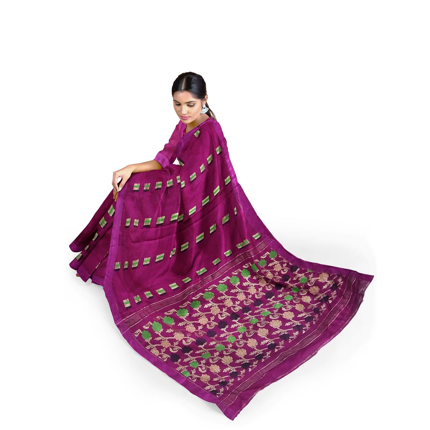 Elegant Rani-Colored Cotton Silk with Pom Pom Border