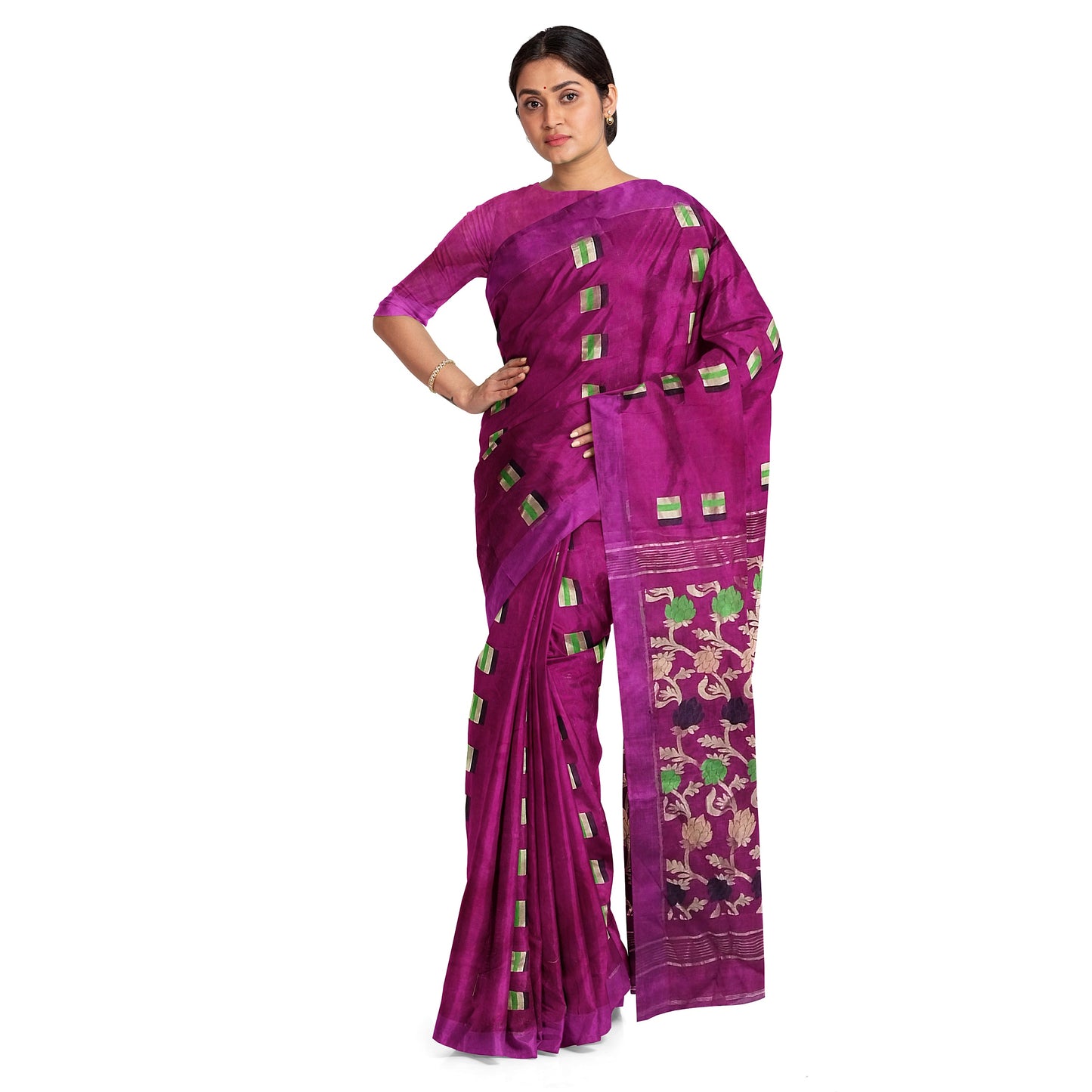 Elegant Rani-Colored Cotton Silk with Pom Pom Border