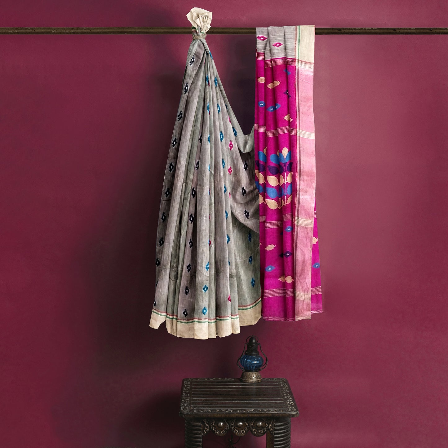 Pink and Gray color Cotton Silk Saree with Small Bootas