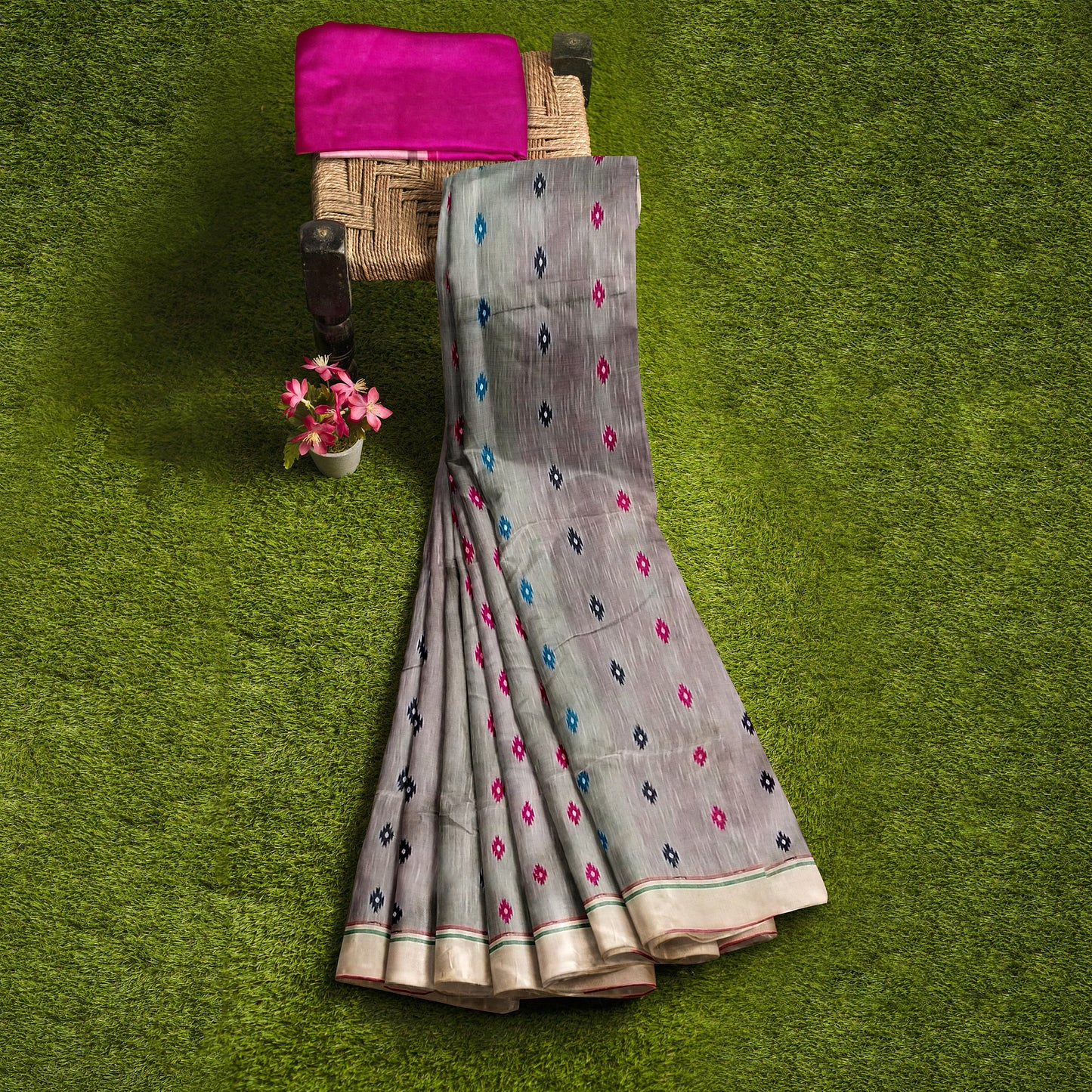 Pink and Gray color Cotton Silk Saree with Small Bootas