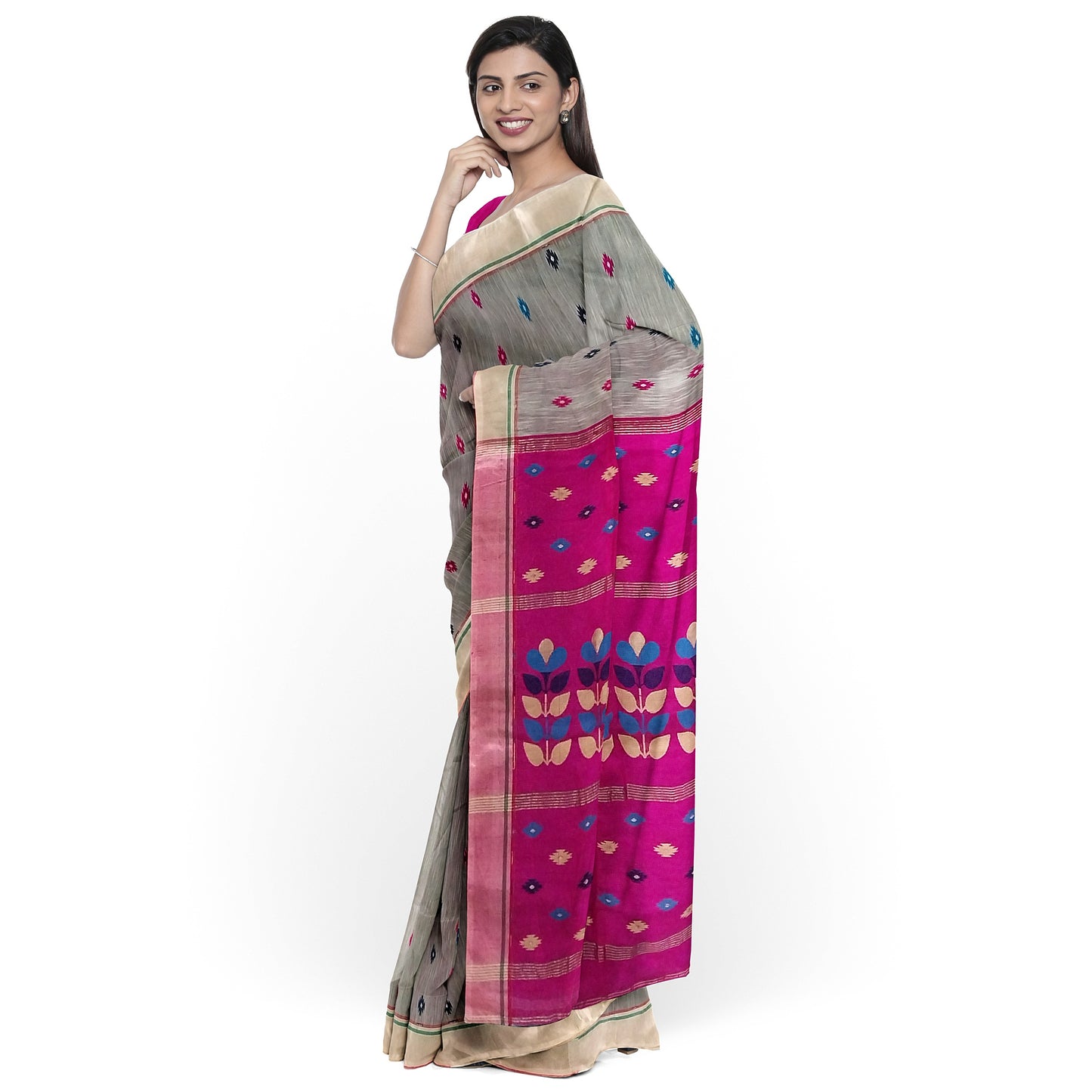 Pink and Gray color Cotton Silk Saree with Small Bootas
