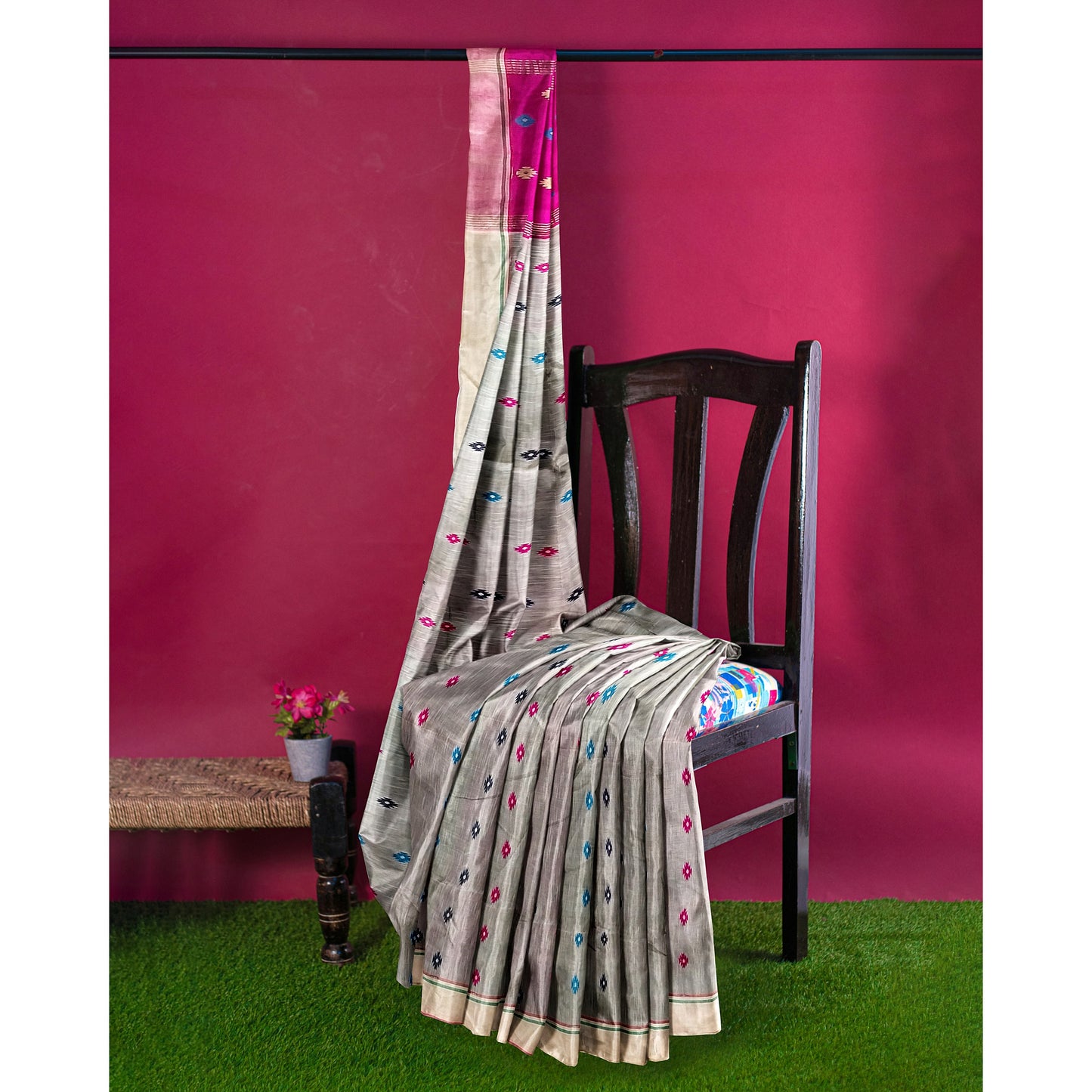 Pink and Gray color Cotton Silk Saree with Small Bootas