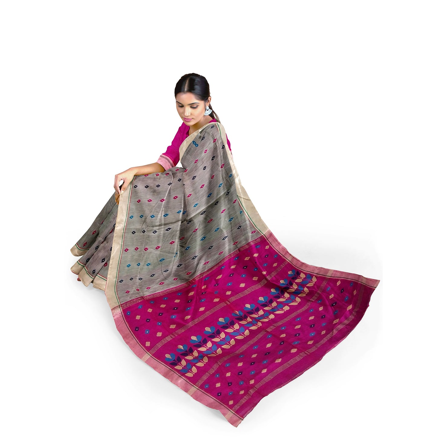 Pink and Gray color Cotton Silk Saree with Small Bootas