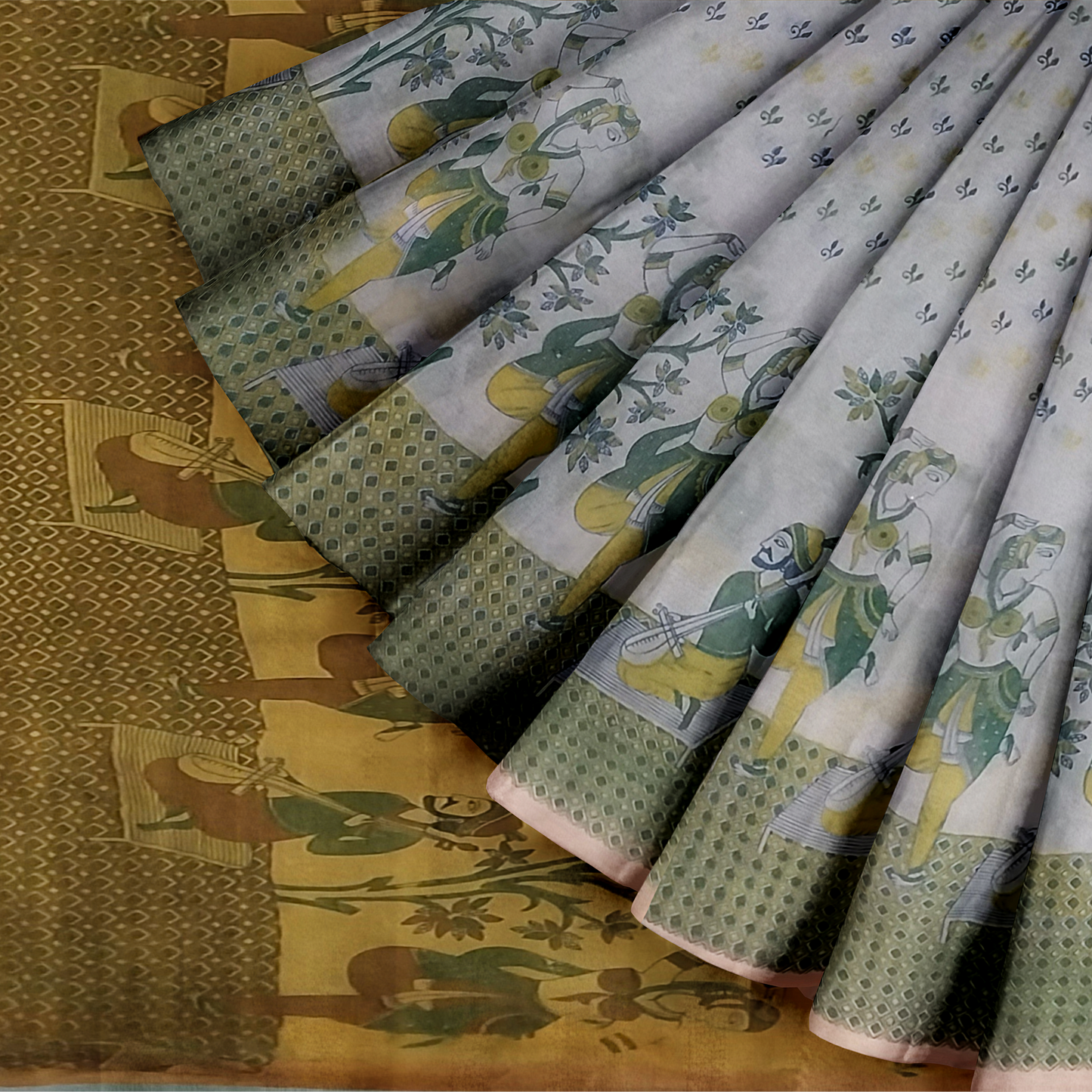 Yellow - White Cotton Silk Saree with Small Leafy Prints
