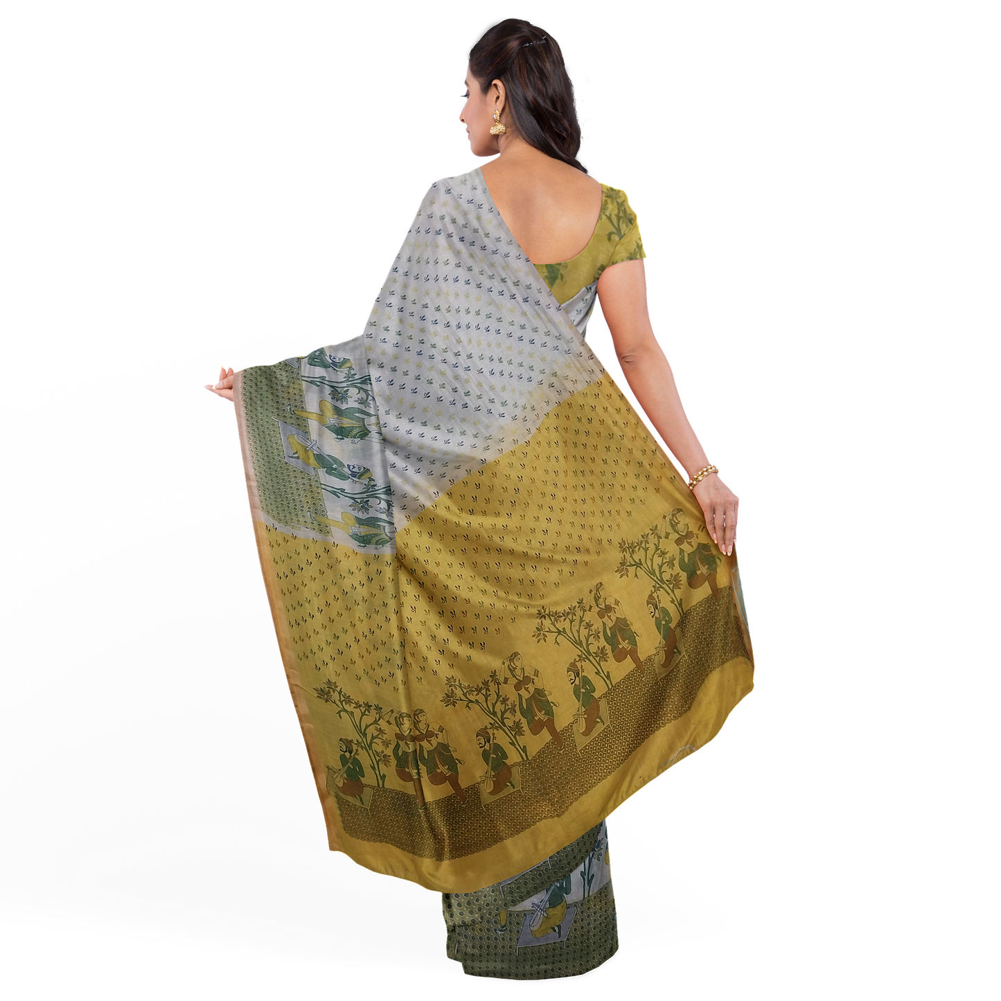 Yellow - White Cotton Silk Saree with Small Leafy Prints