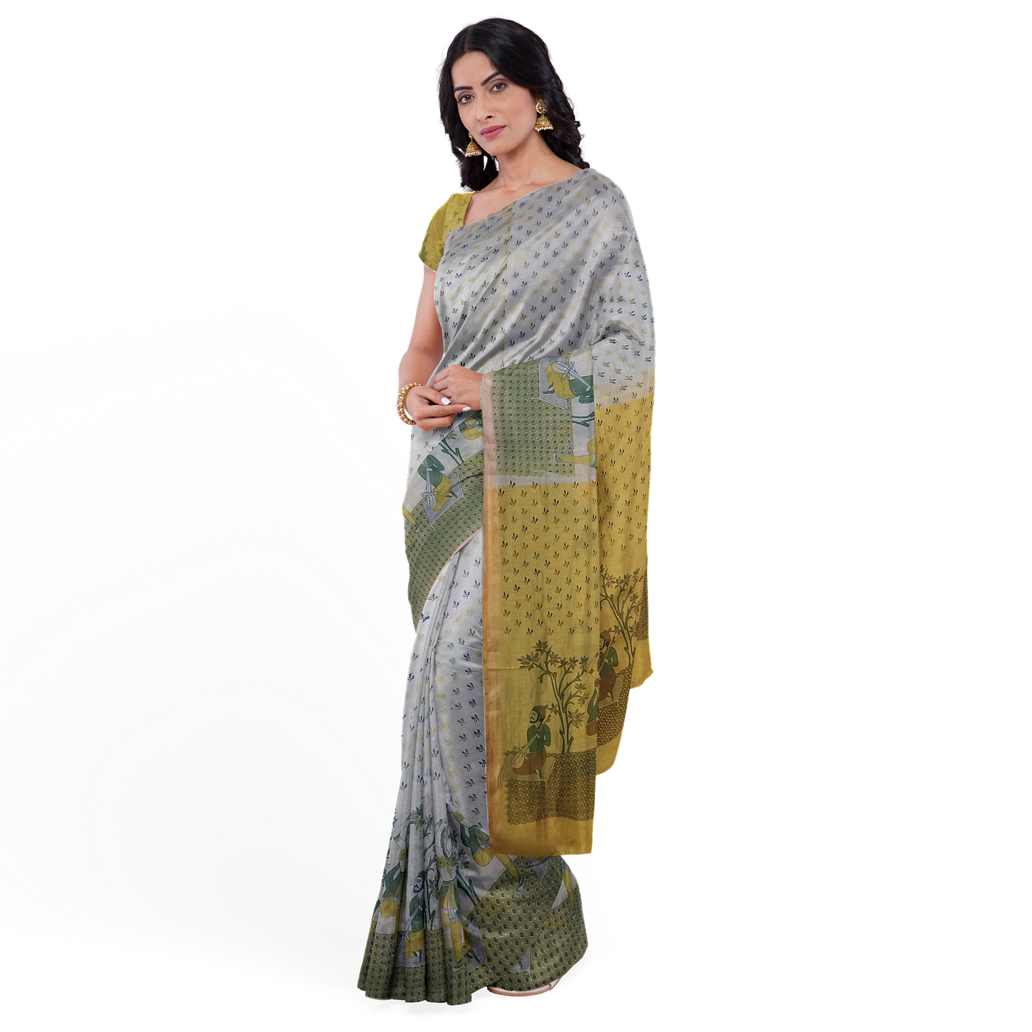Yellow - White Cotton Silk Saree with Small Leafy Prints