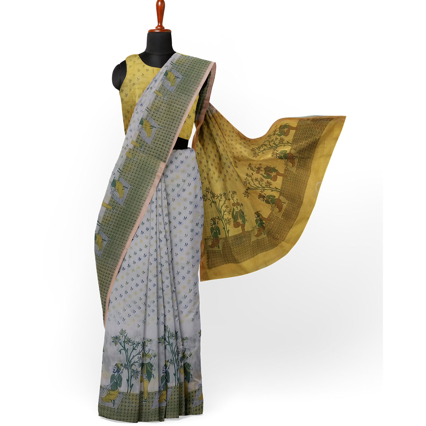 Yellow - White Cotton Silk Saree with Small Leafy Prints