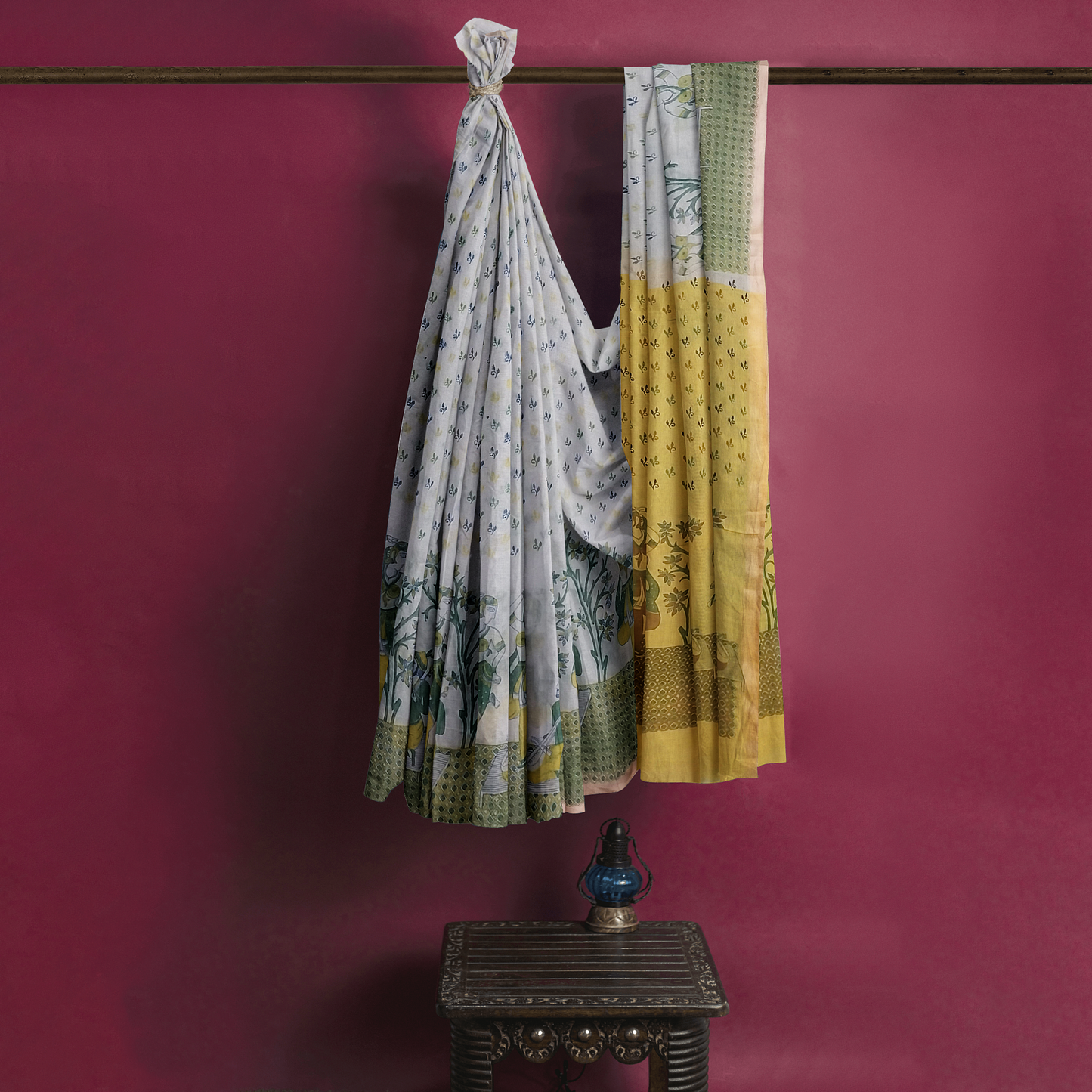 Yellow - White Cotton Silk Saree with Small Leafy Prints