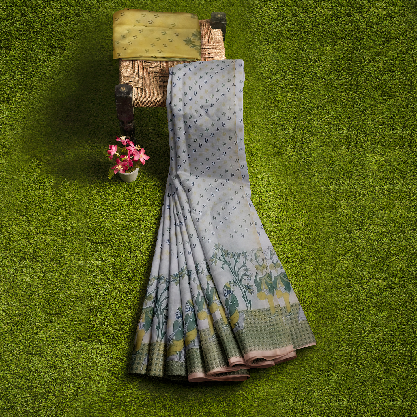 Yellow - White Cotton Silk Saree with Small Leafy Prints