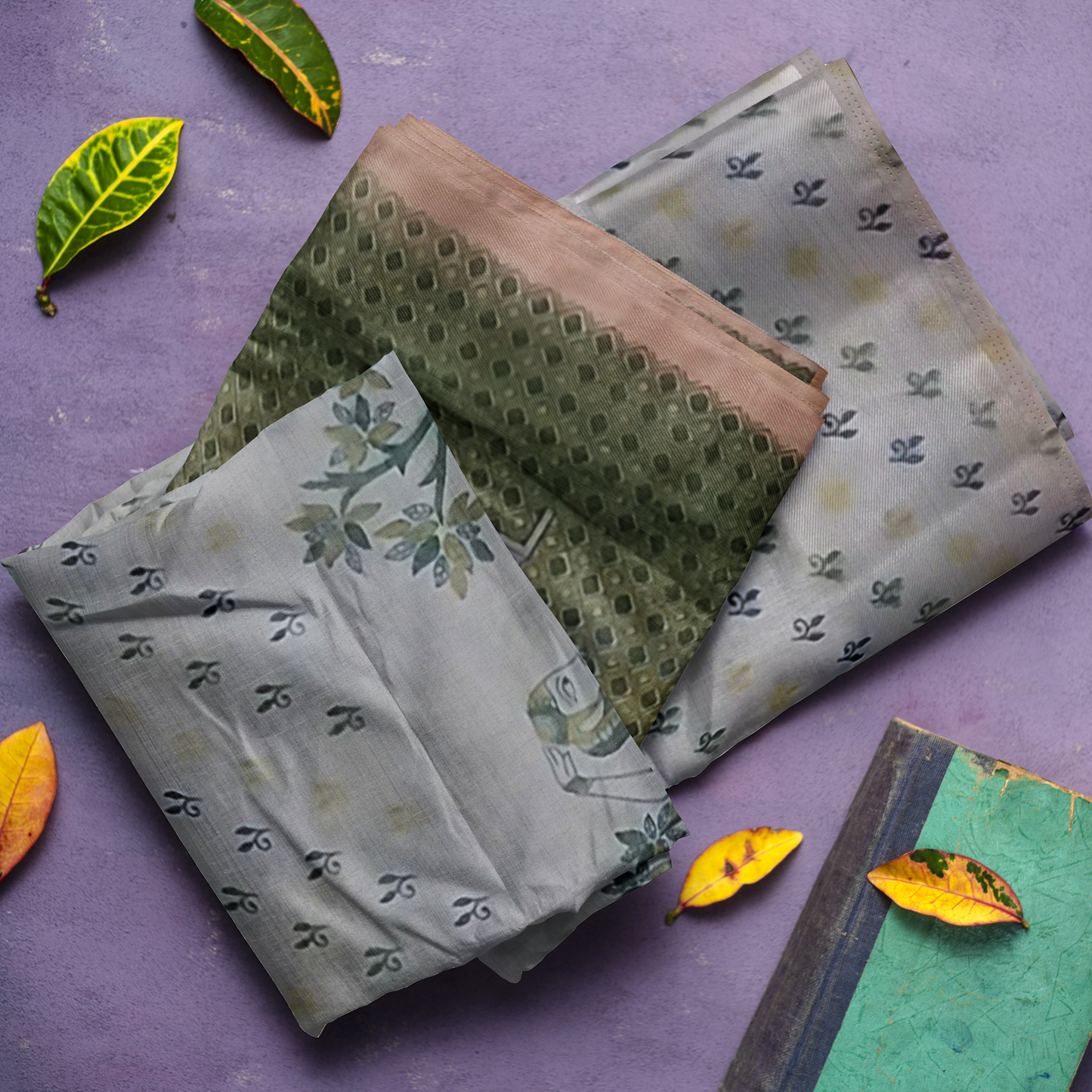 Yellow - White Cotton Silk Saree with Small Leafy Prints