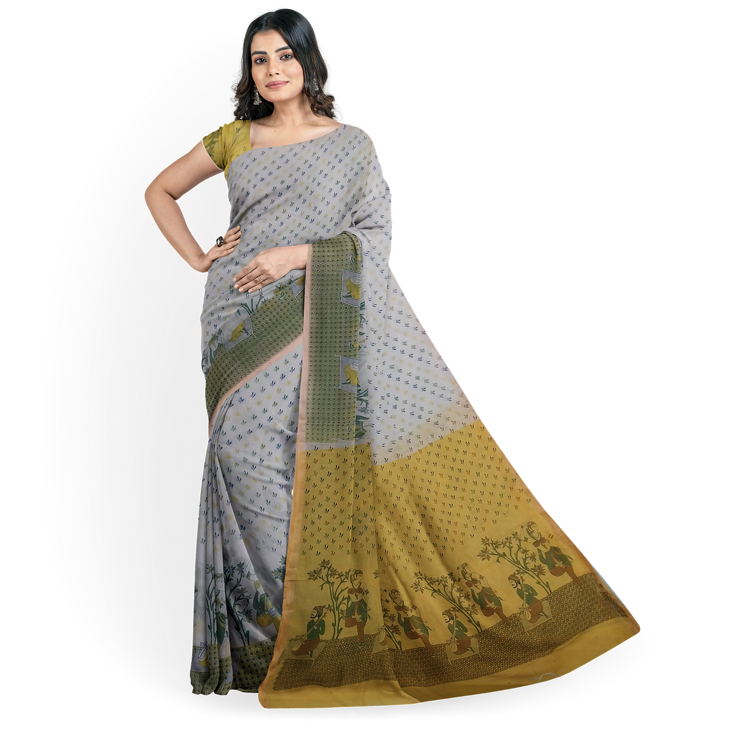 Yellow - White Cotton Silk Saree with Small Leafy Prints