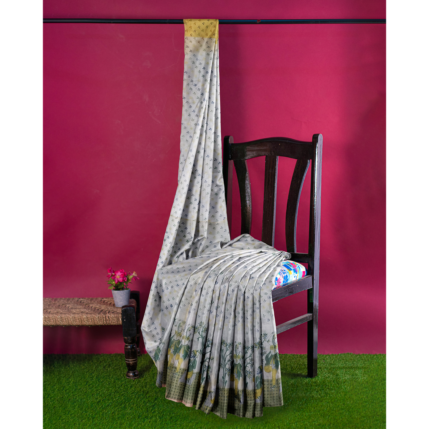 Yellow - White Cotton Silk Saree with Small Leafy Prints