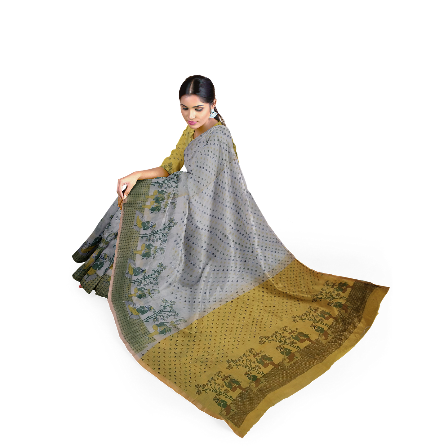 Yellow - White Cotton Silk Saree with Small Leafy Prints