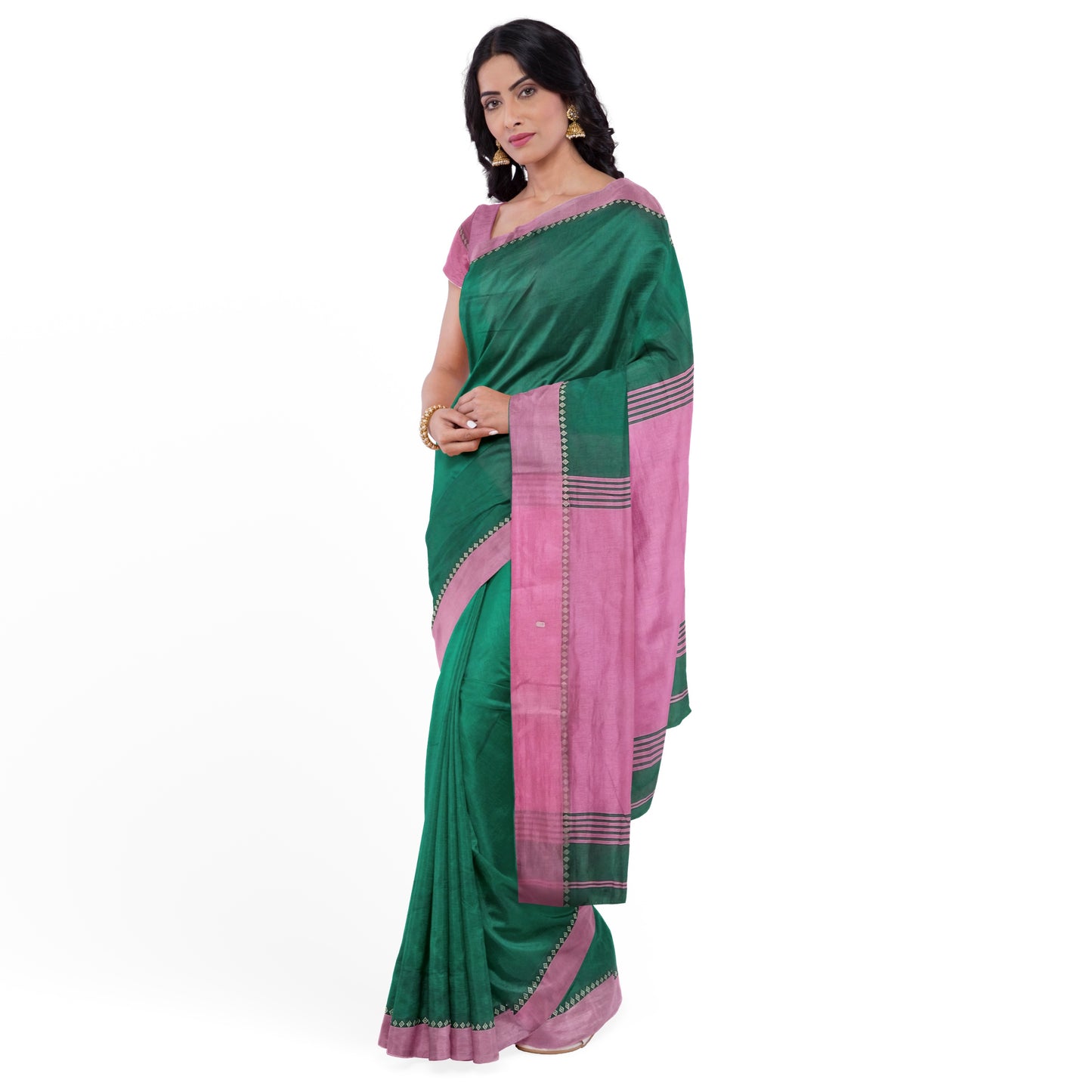 Pink and Green Colored Cotton Silk Saree