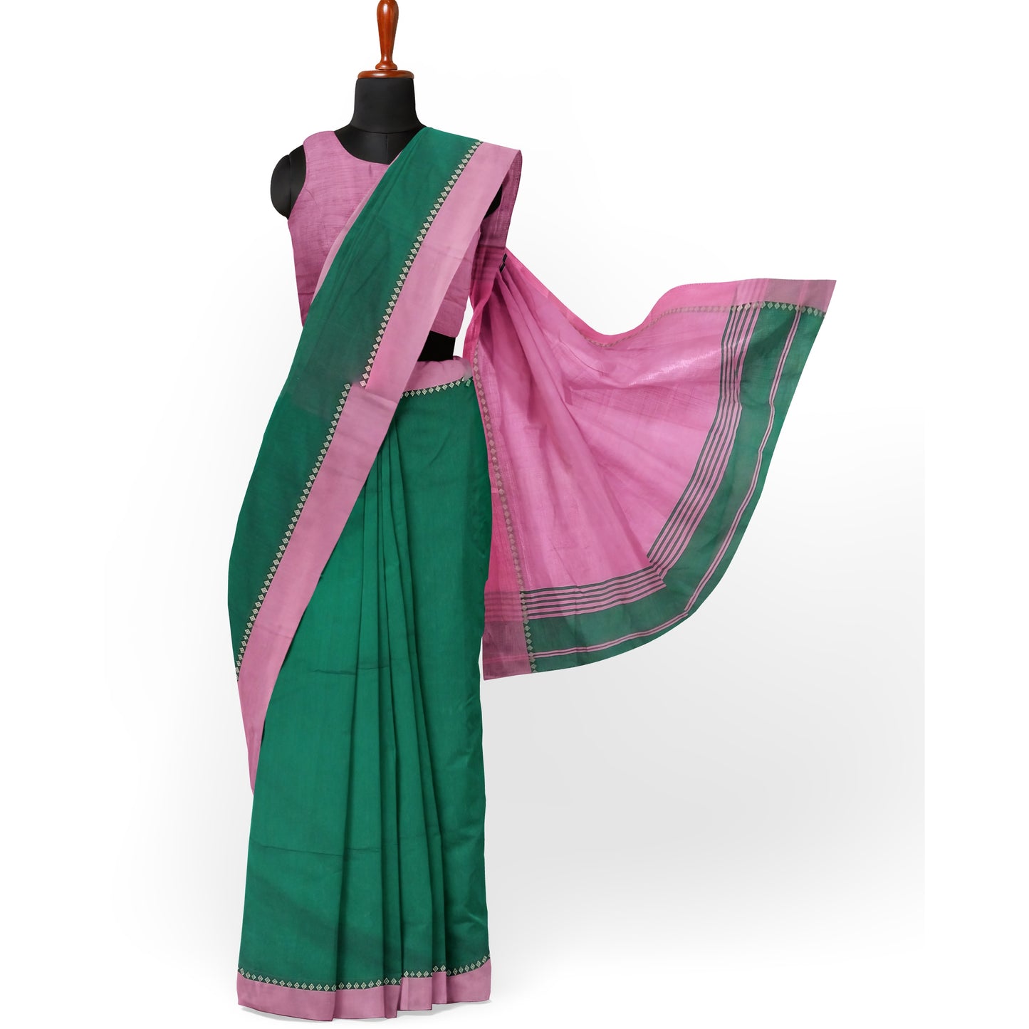 Pink and Green Colored Cotton Silk Saree