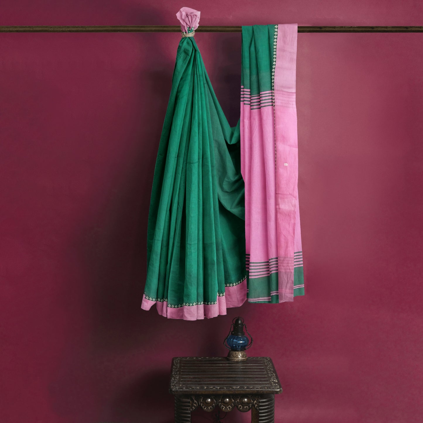 Pink and Green Colored Cotton Silk Saree