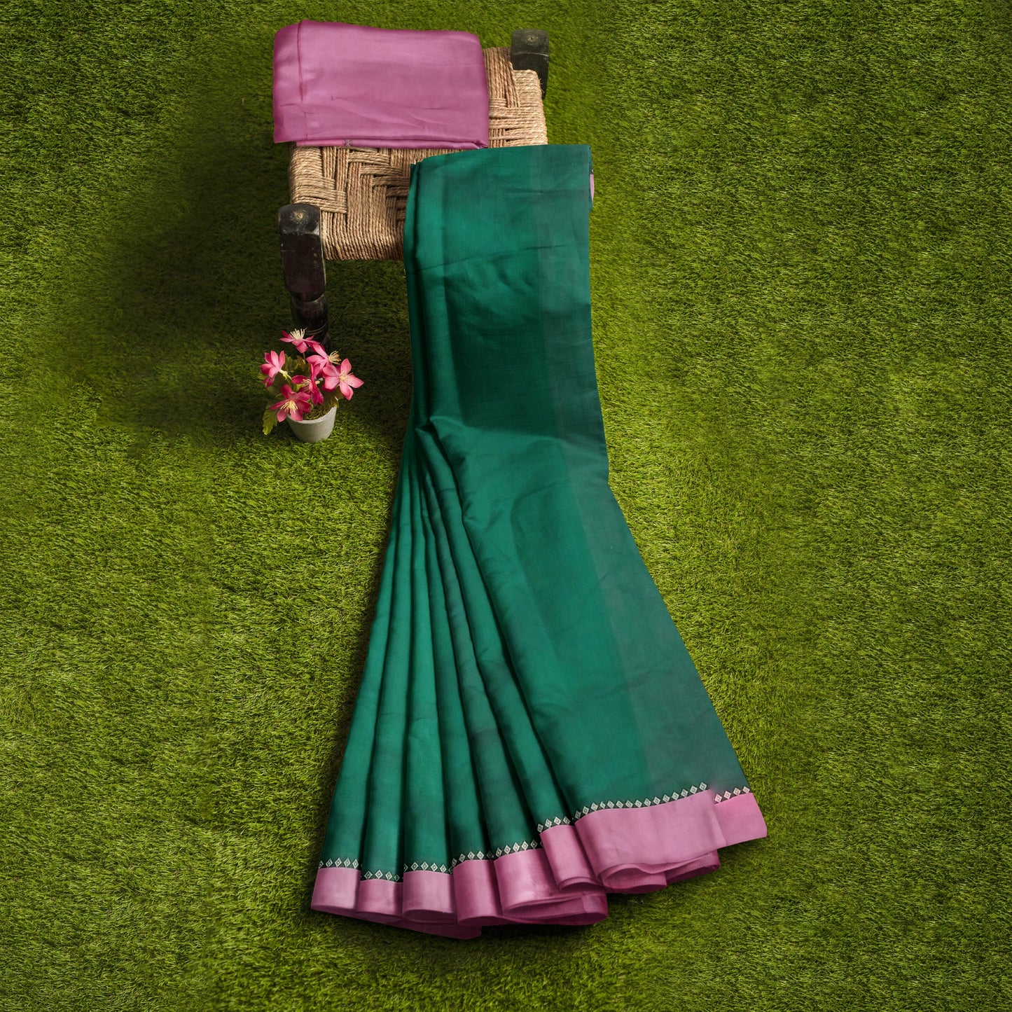 Pink and Green Colored Cotton Silk Saree