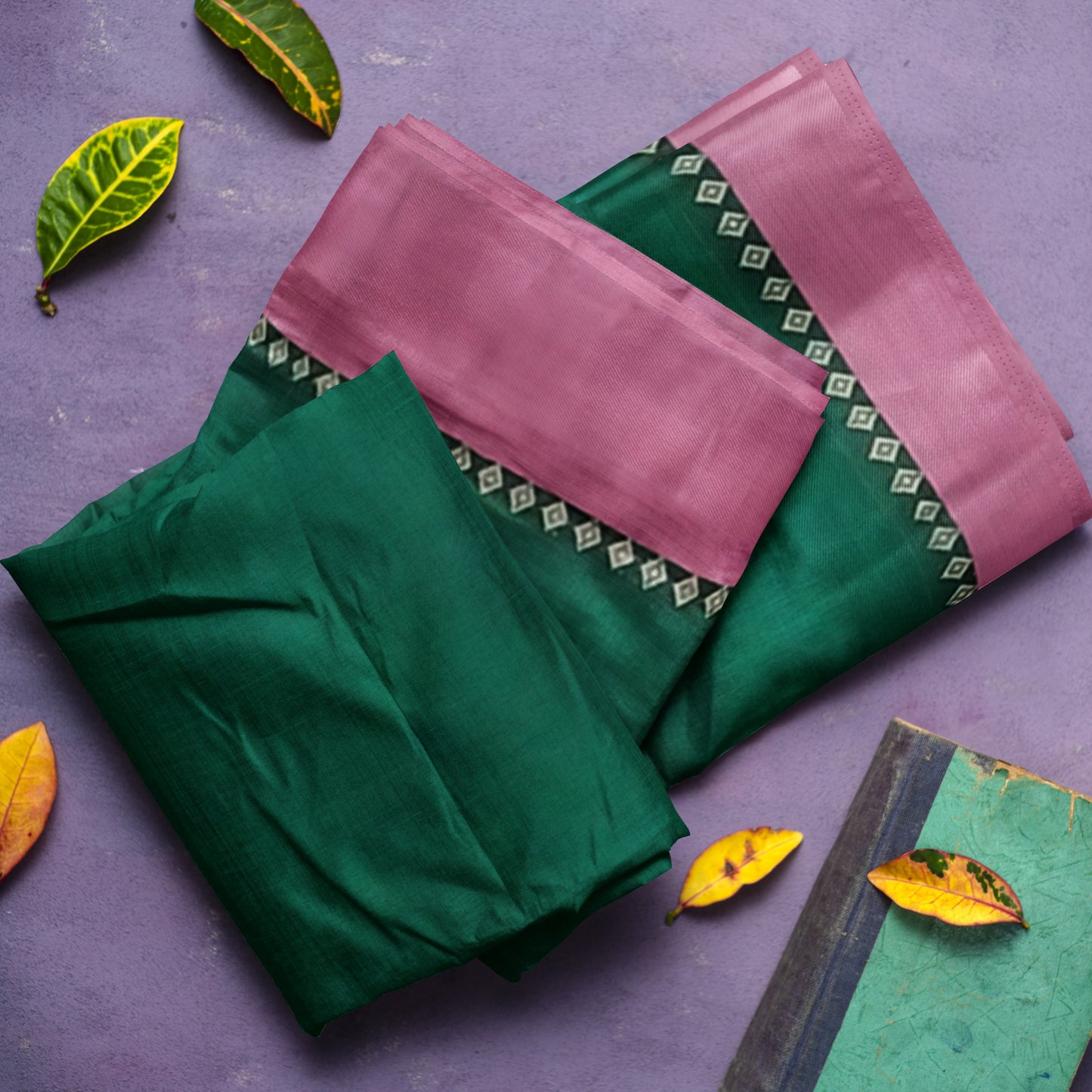 Pink and Green Colored Cotton Silk Saree