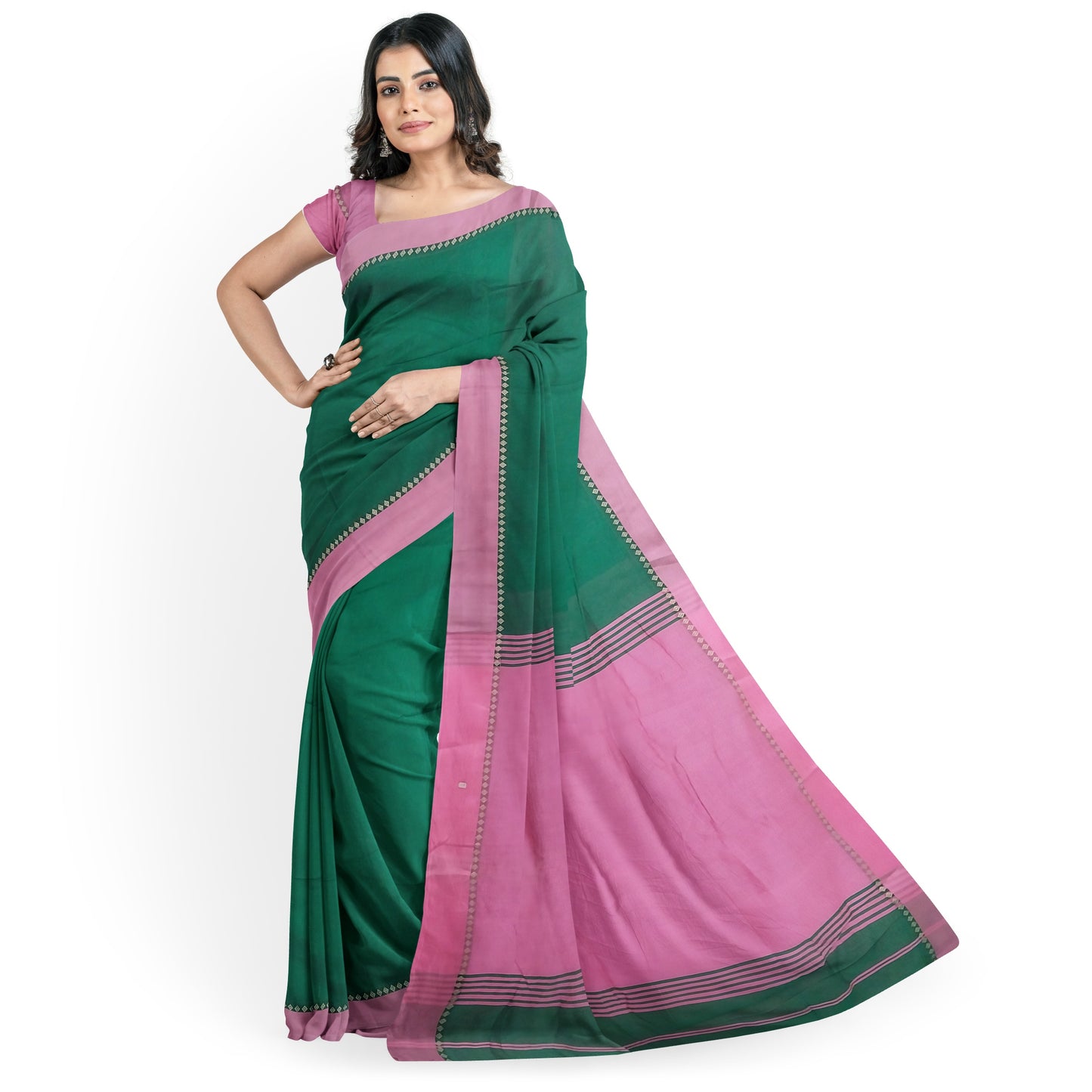 Pink and Green Colored Cotton Silk Saree