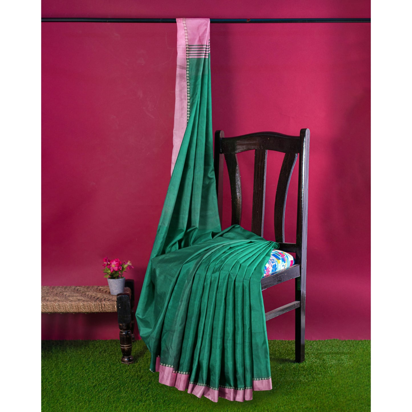 Pink and Green Colored Cotton Silk Saree