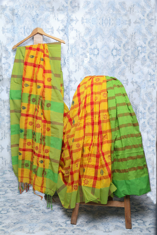 Super Soft Cotton Saree Yellow - Red Color | Green Border