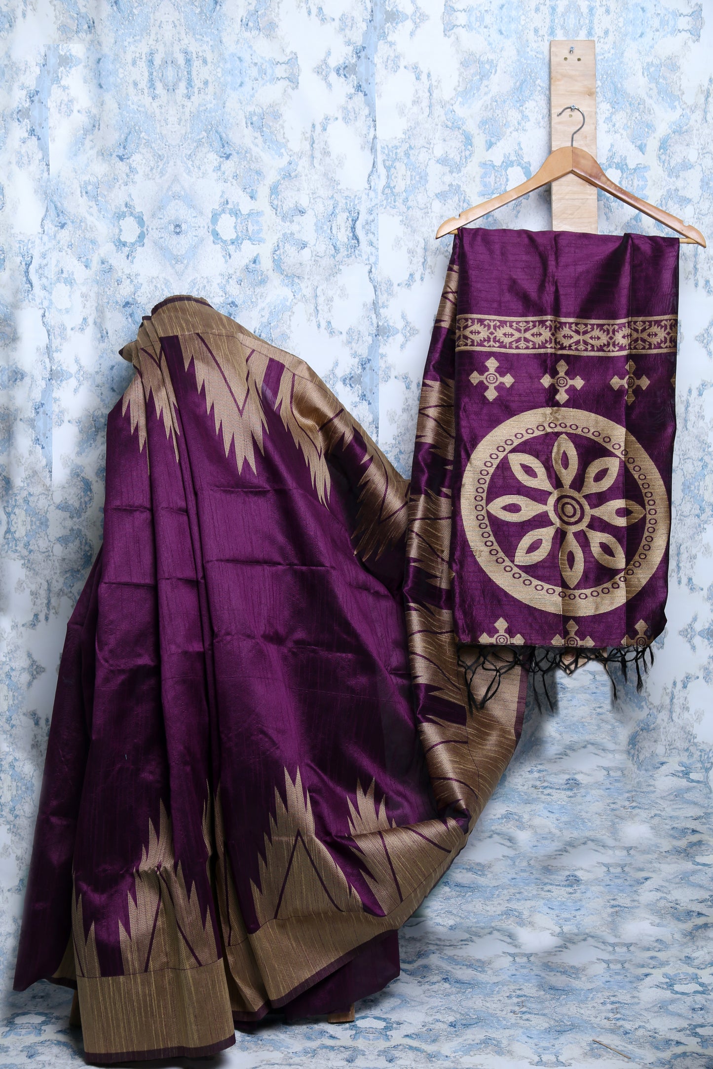 Purple-Color Silk Saree with golden Brown Abstract Designs