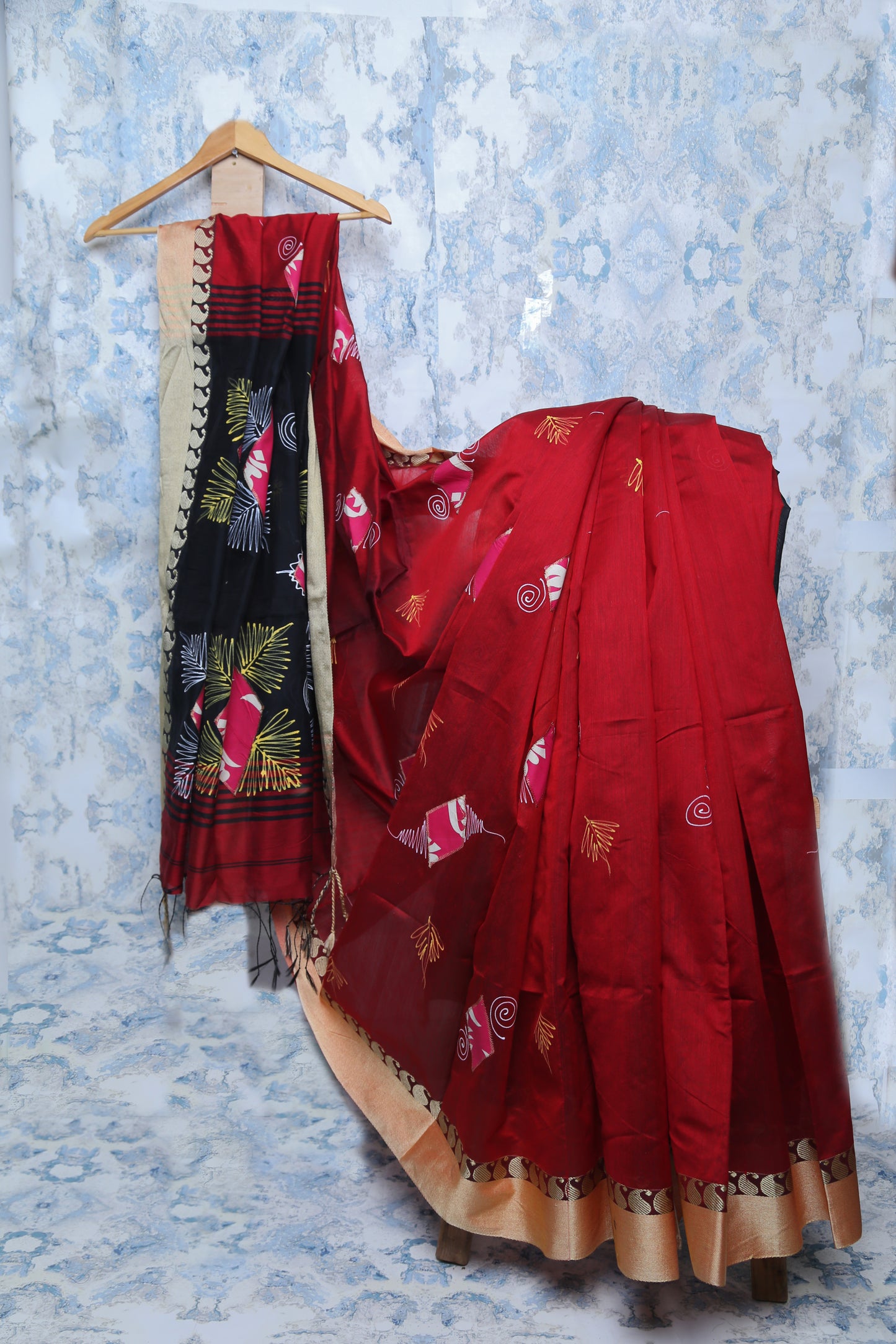 Hand Printed Maroon Cotton Silk Saree