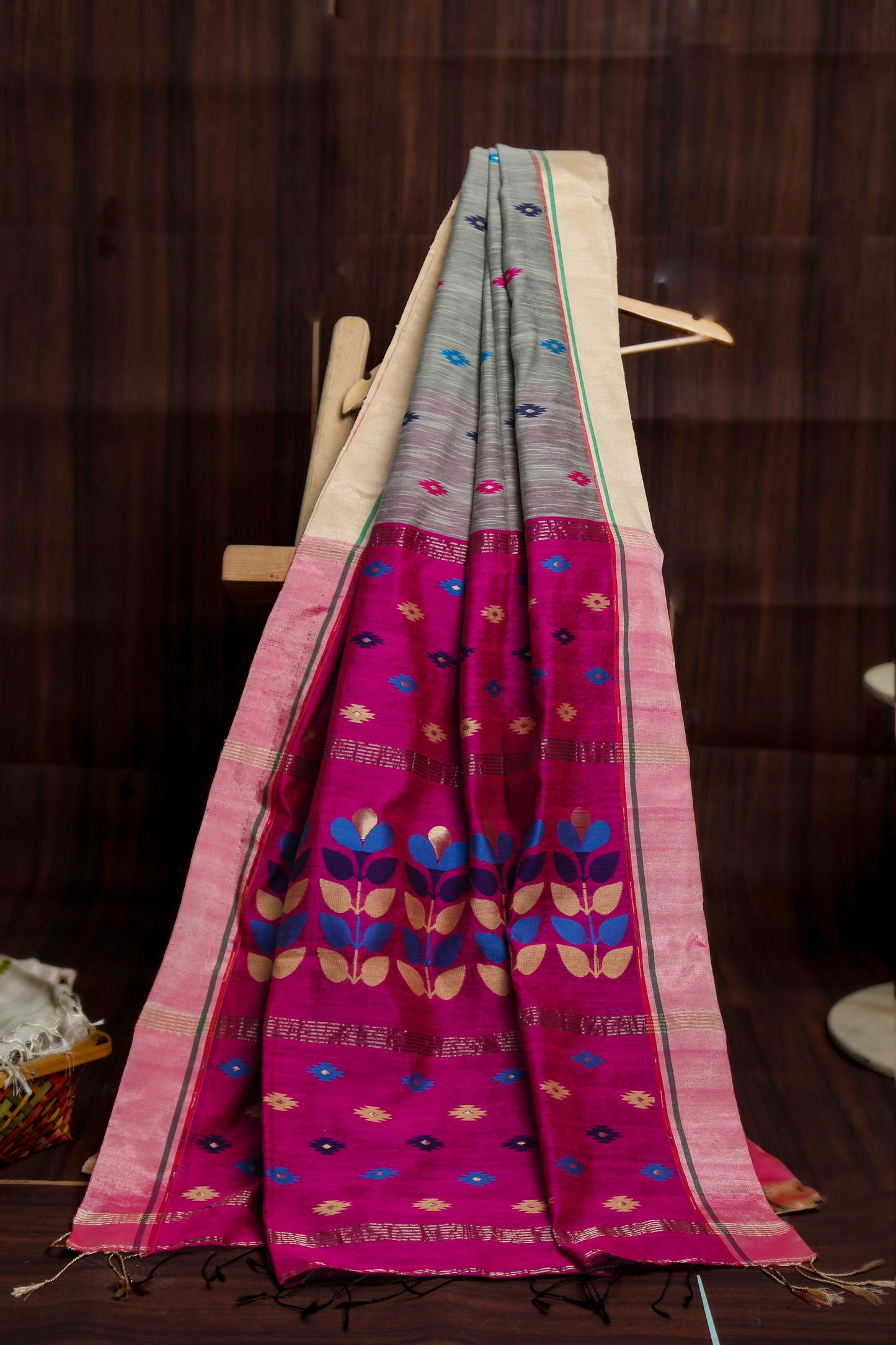 Pink and Gray color Cotton Silk Saree with Small Bootas