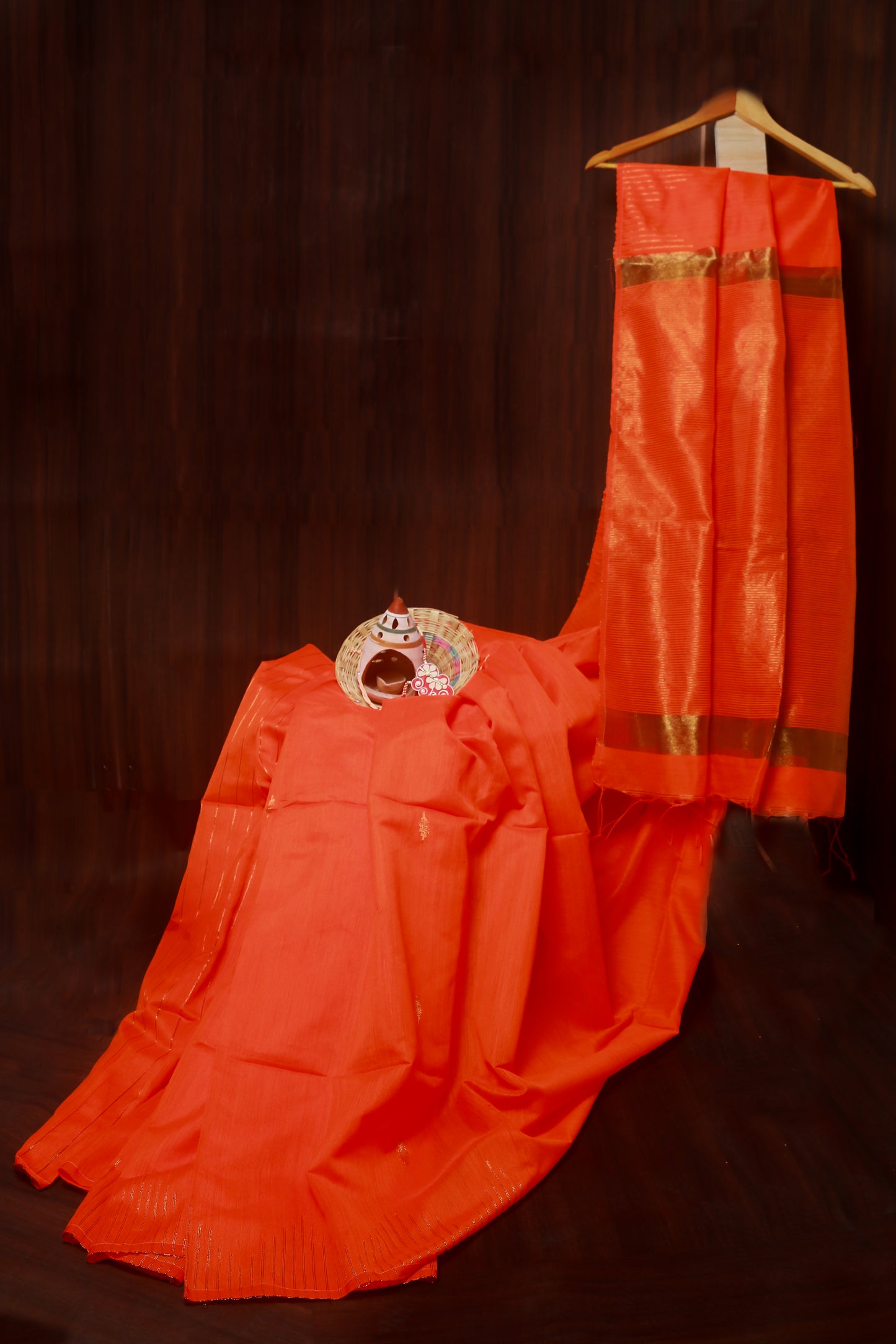 Orange-colored Cotton Silk Saree with Stripes