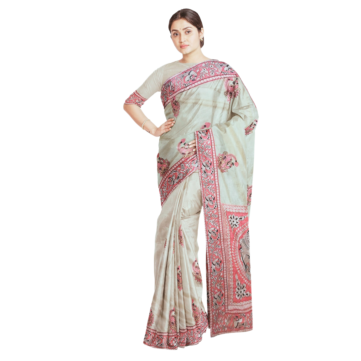 Handloom Cream Color Saree with Red Embroidered Border