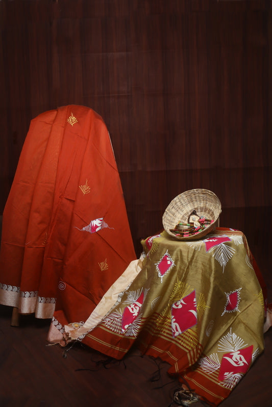 Red and Golden-colored Cotton Silk Saree