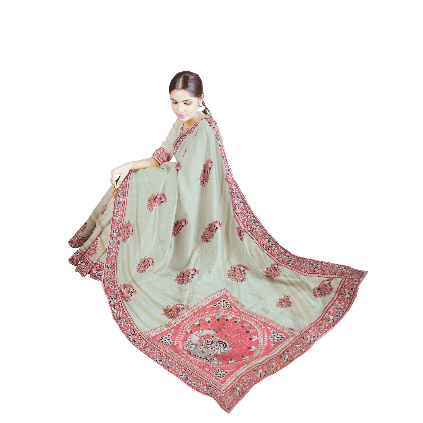 Handloom Cream Color Saree with Red Embroidered Border