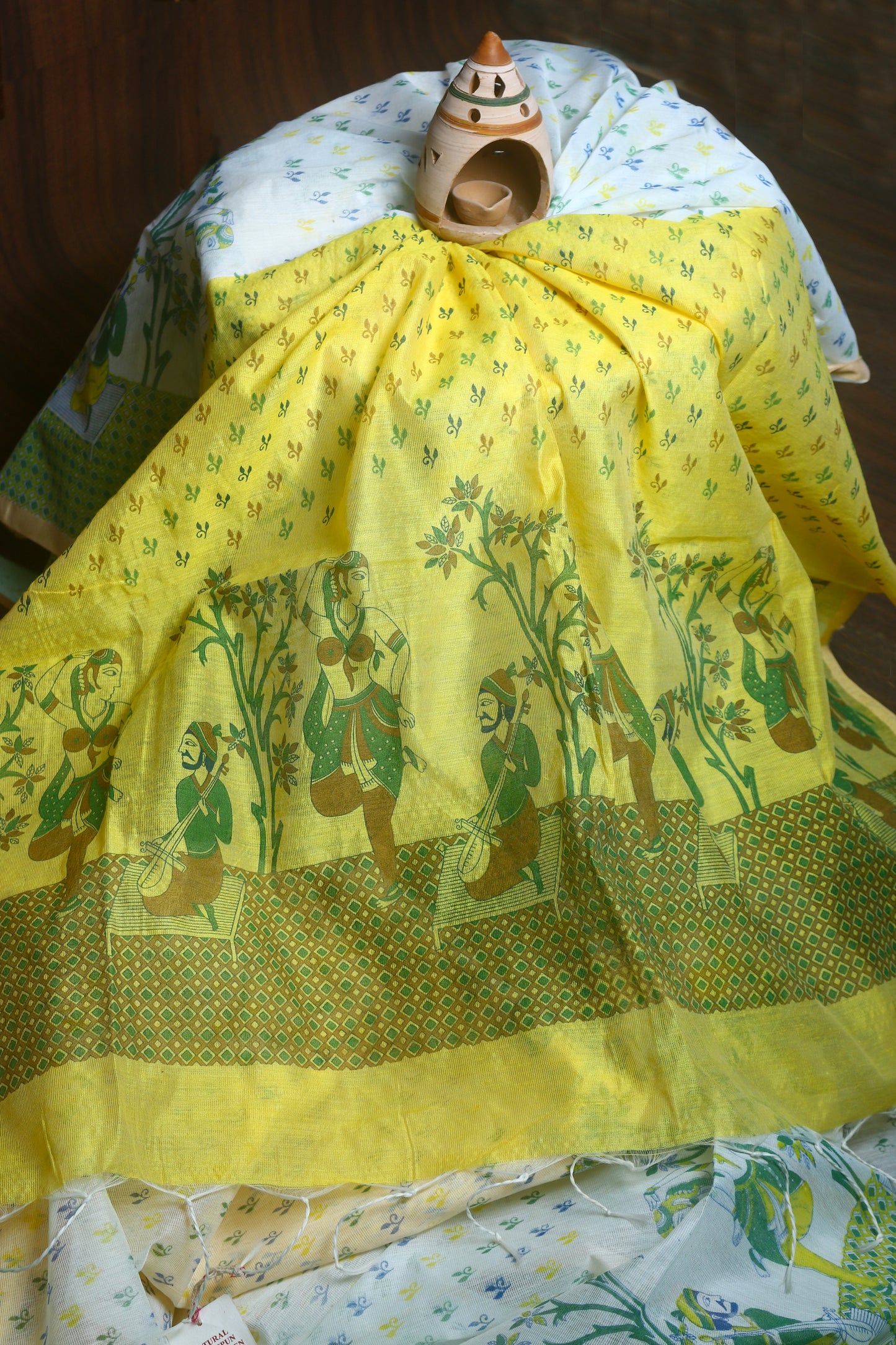 Yellow - White Cotton Silk Saree with Small Leafy Prints