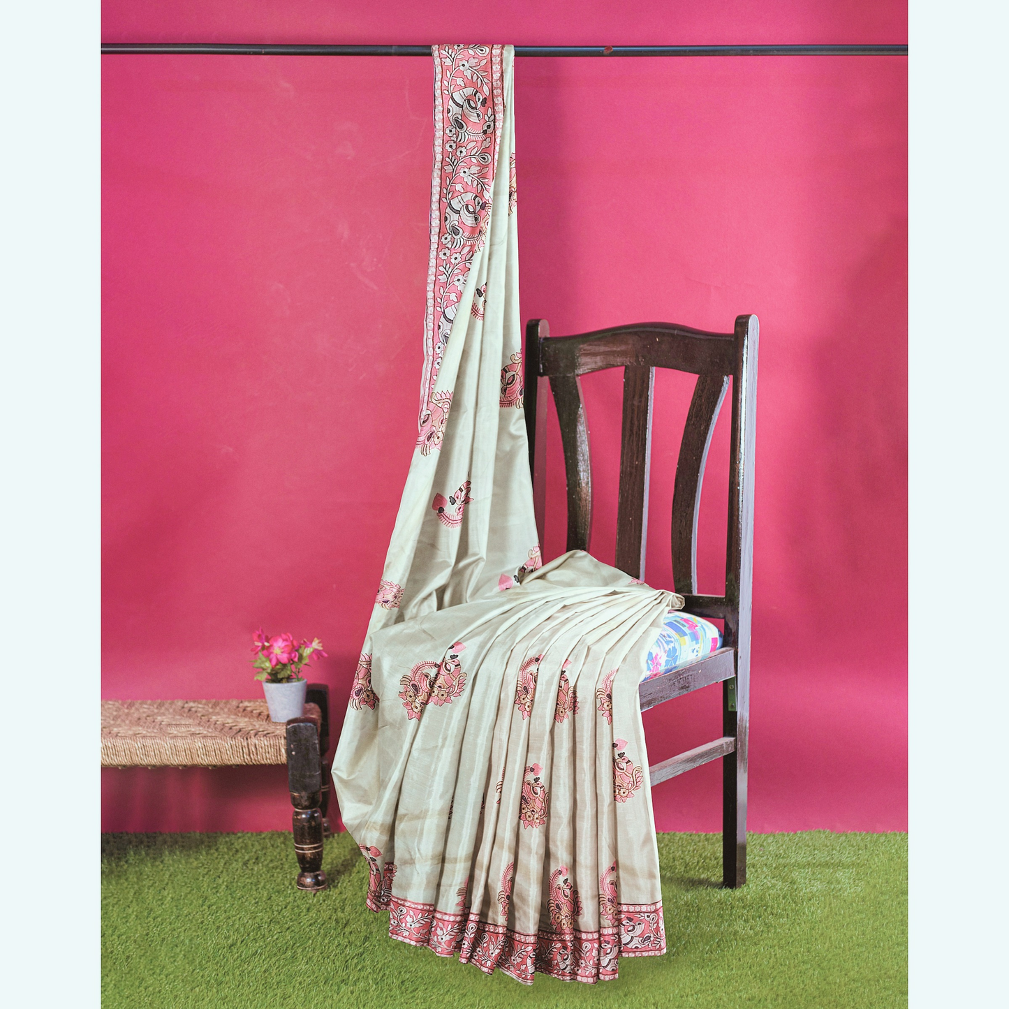 Handloom Cream Color Saree with Red Embroidered Border