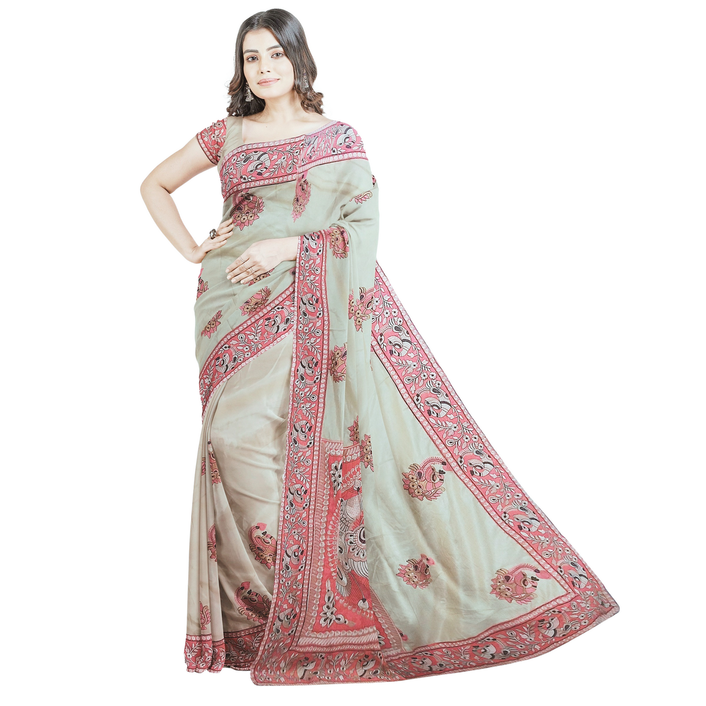 Handloom Cream Color Saree with Red Embroidered Border