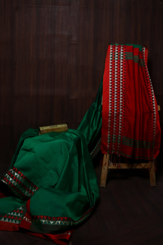 Handloom Cotton Silk Saree Green-Red Color