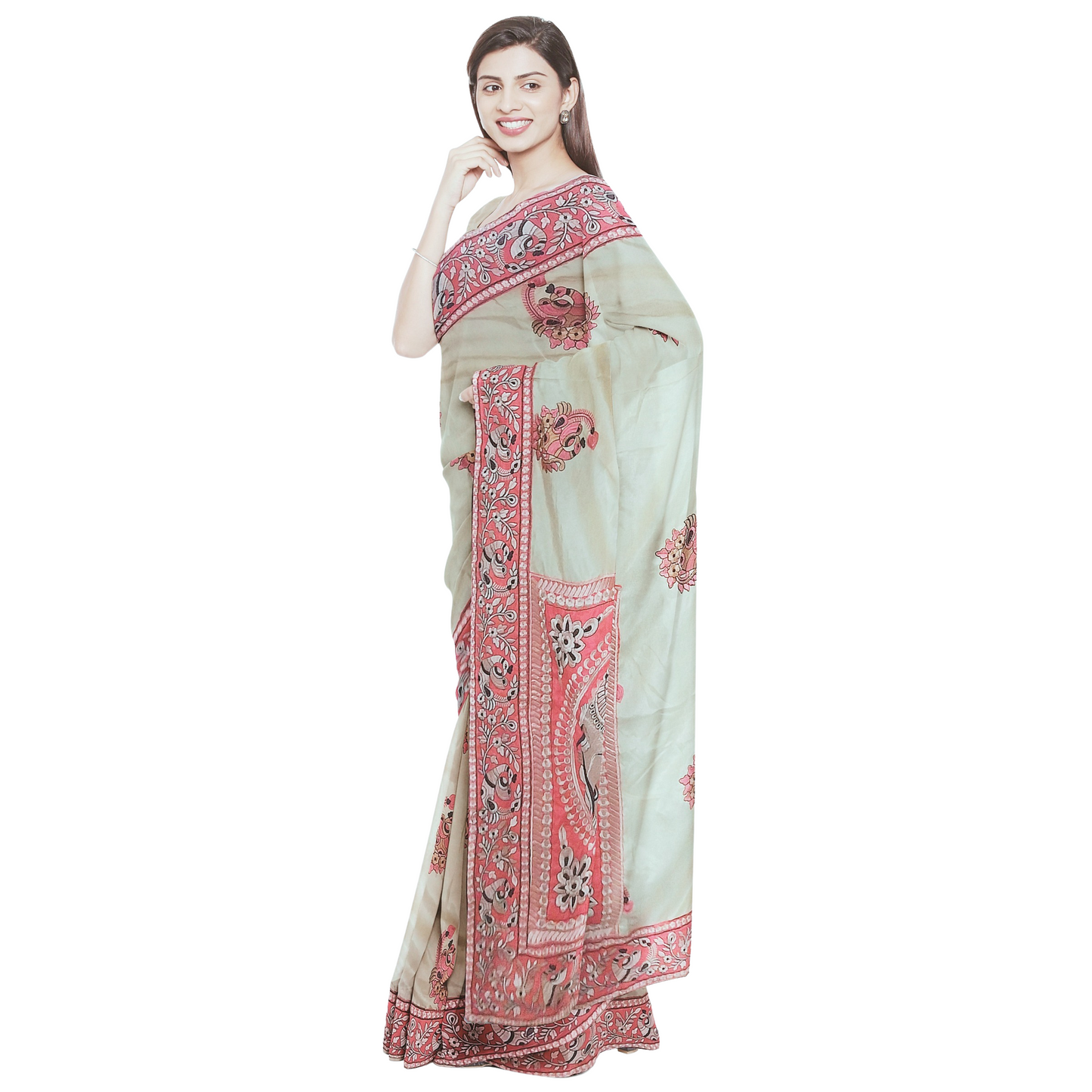 Handloom Cream Color Saree with Red Embroidered Border