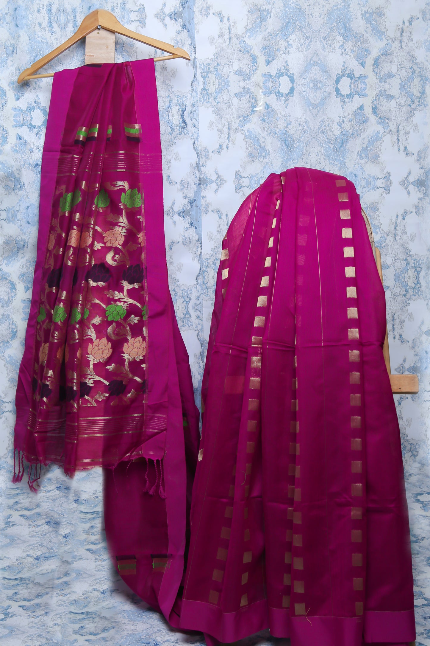 Elegant Rani-Colored Cotton Silk with Pom Pom Border