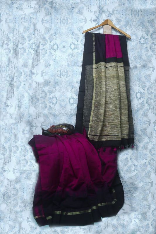 Black and Pink Tussar Ghicha Silk Saree