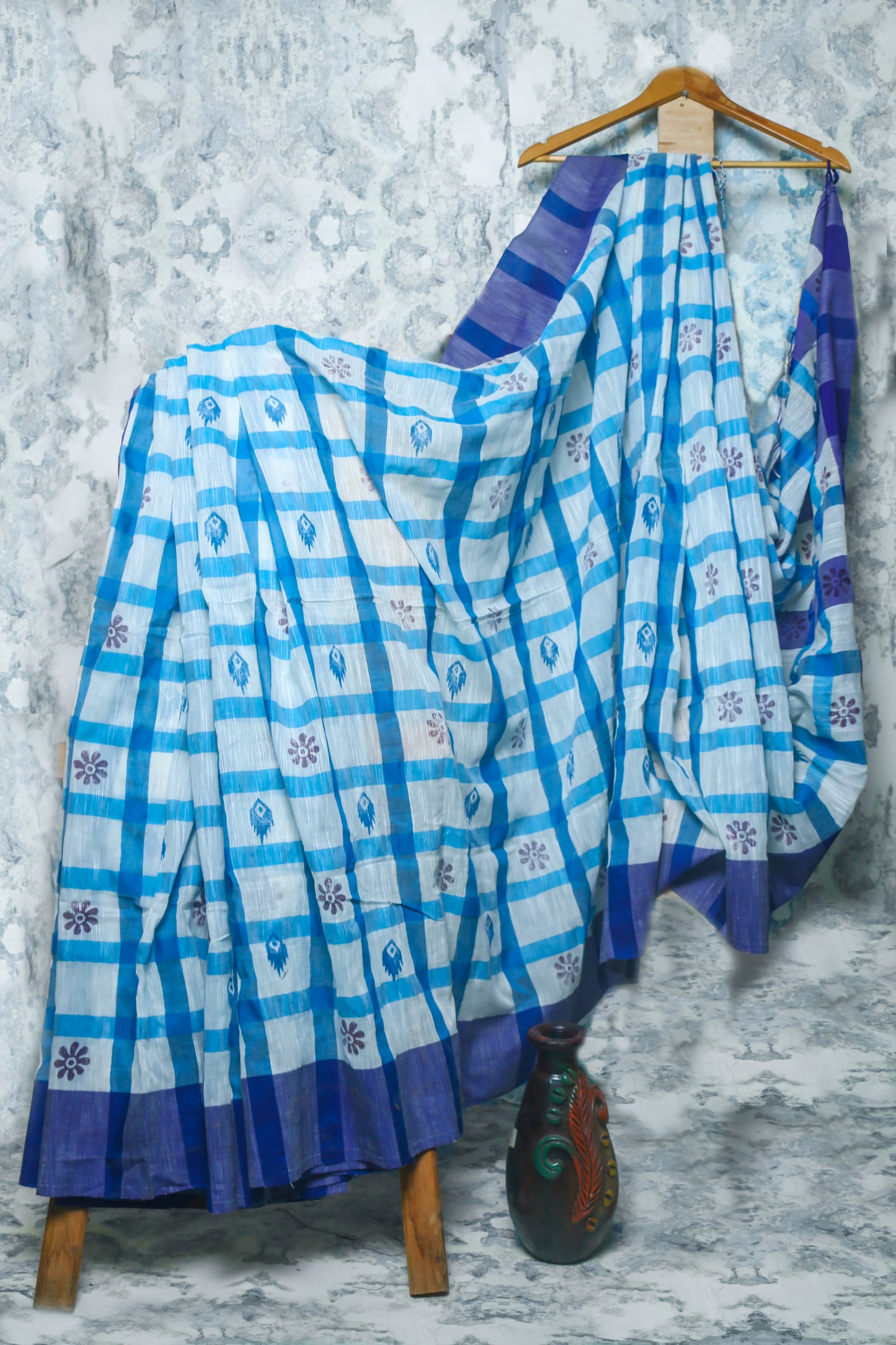 Beautifully Crafted Saree with Sky Blue-White Print