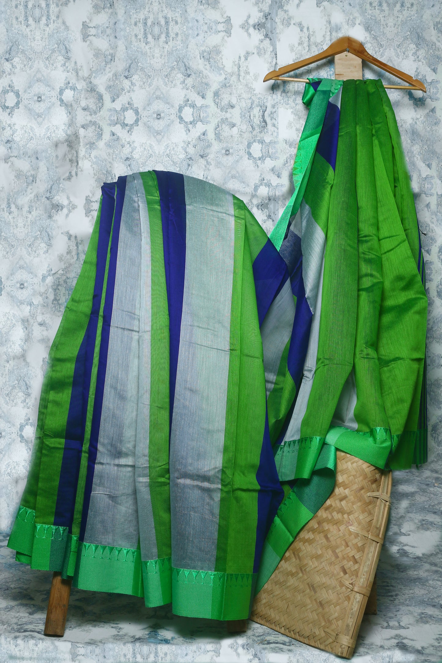 Pure Cotton Blue-Green-Grey Printed Saree